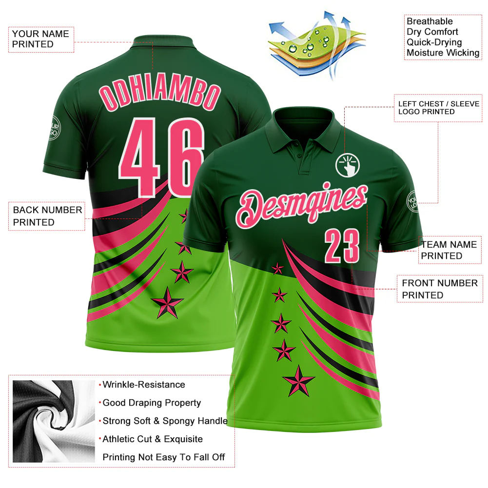 Custom Green Neon Pink Black-White 3D Pattern Design Star Performance Polo Shirt - Image 3