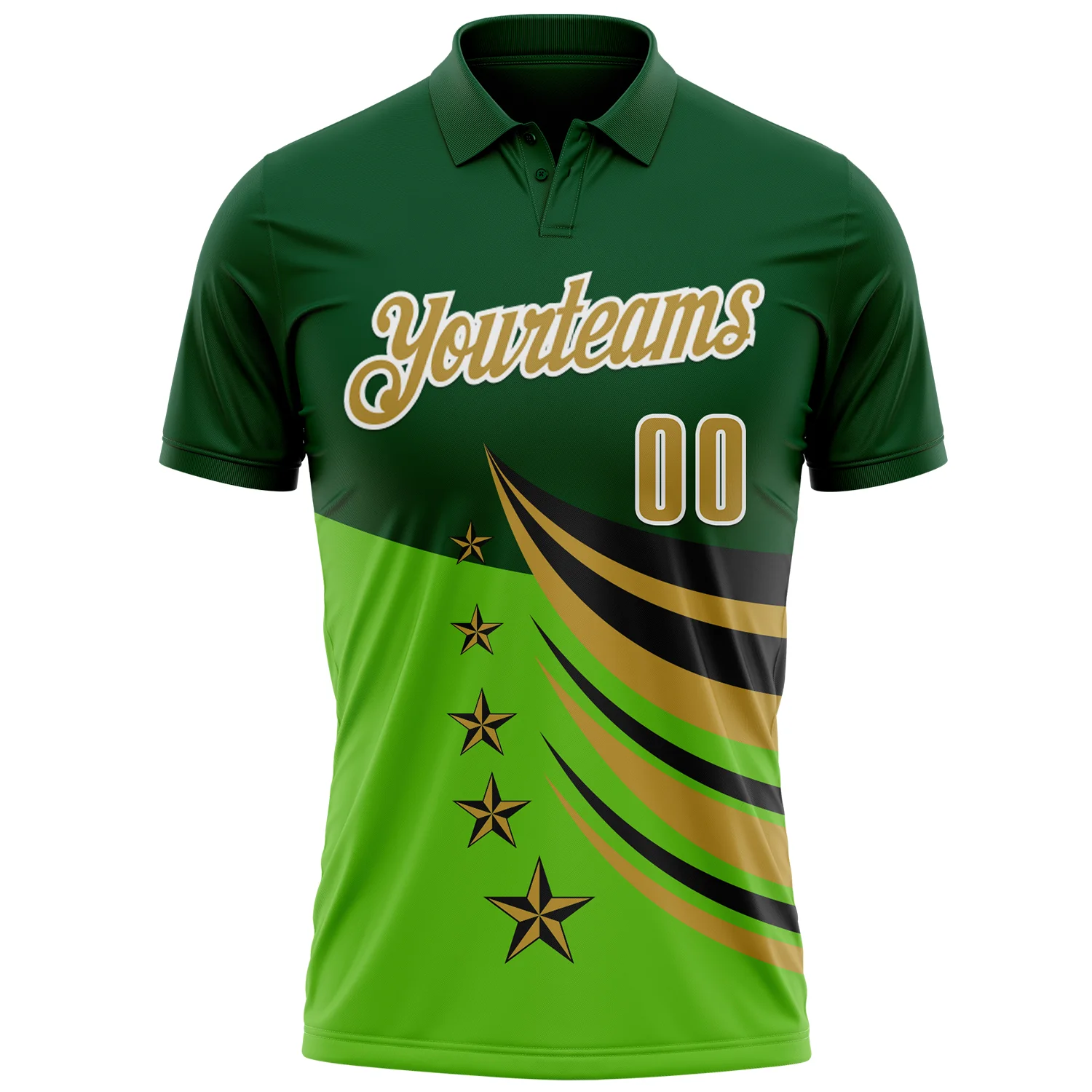 Custom Green Old Gold Black-White 3D Pattern Design Star Performance Polo Shirt - Image 2