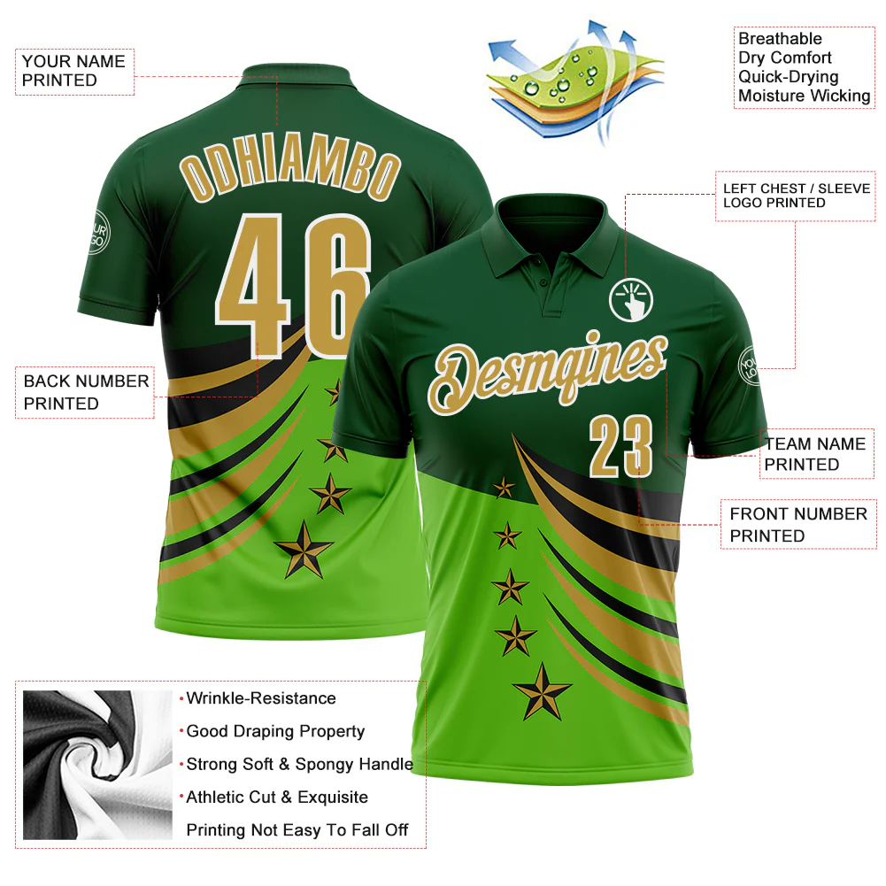 Custom Green Old Gold Black-White 3D Pattern Design Star Performance Polo Shirt - Image 3