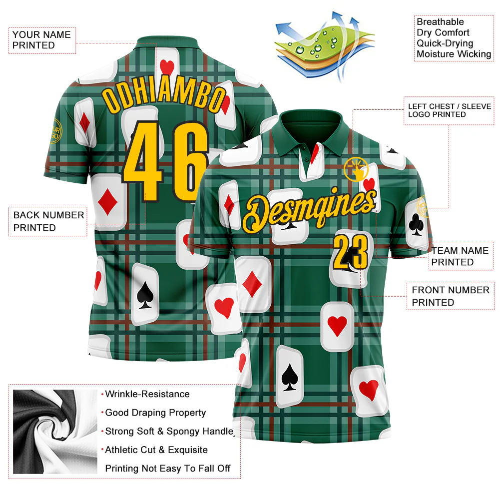 Custom Green Yellow-Black 3D Gambling Poker Performance Polo Shirt - Image 3
