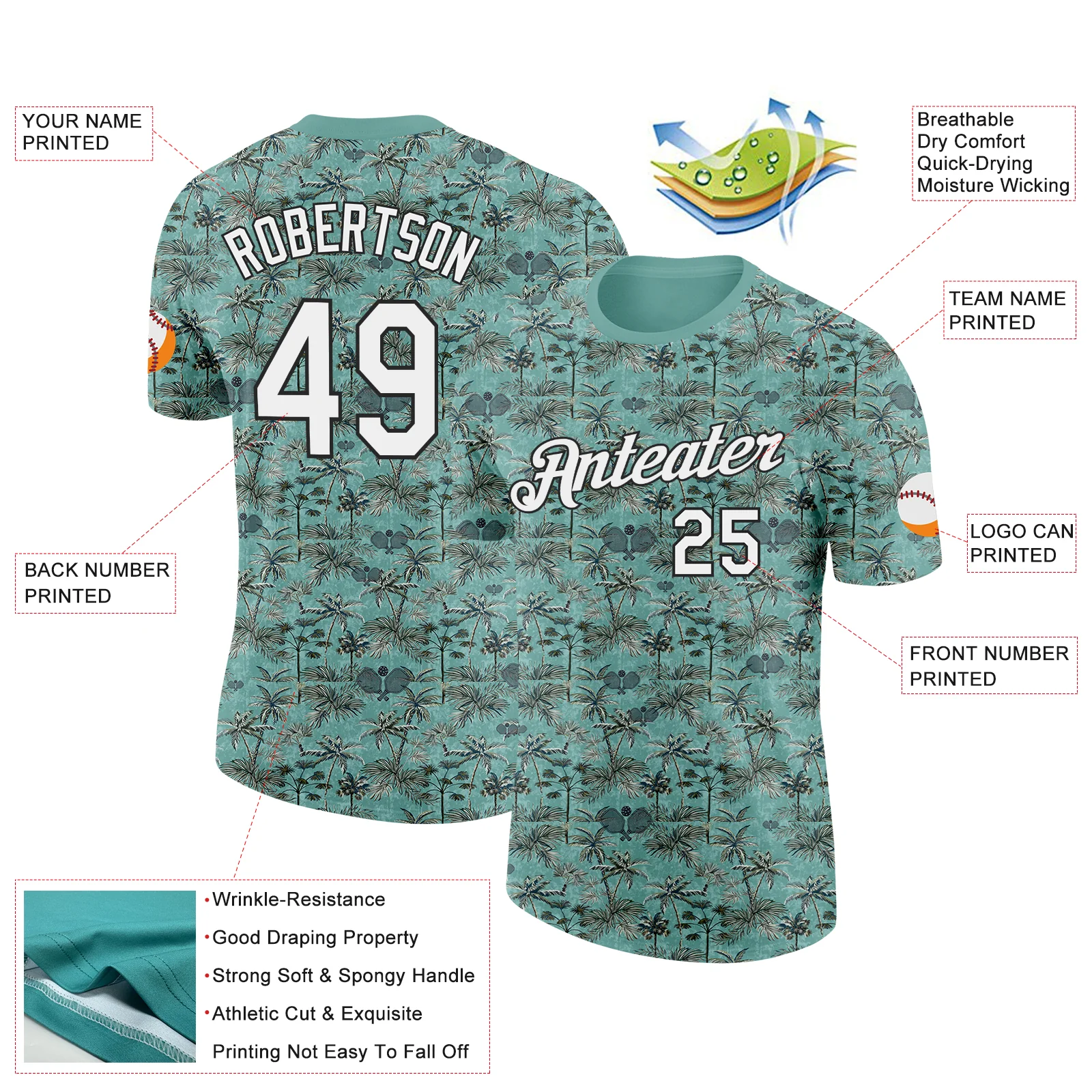 Custom Green White-Black 3D Pickleball Paddles Balls Tropical Palm Trees Performance T-Shirt - Image 2