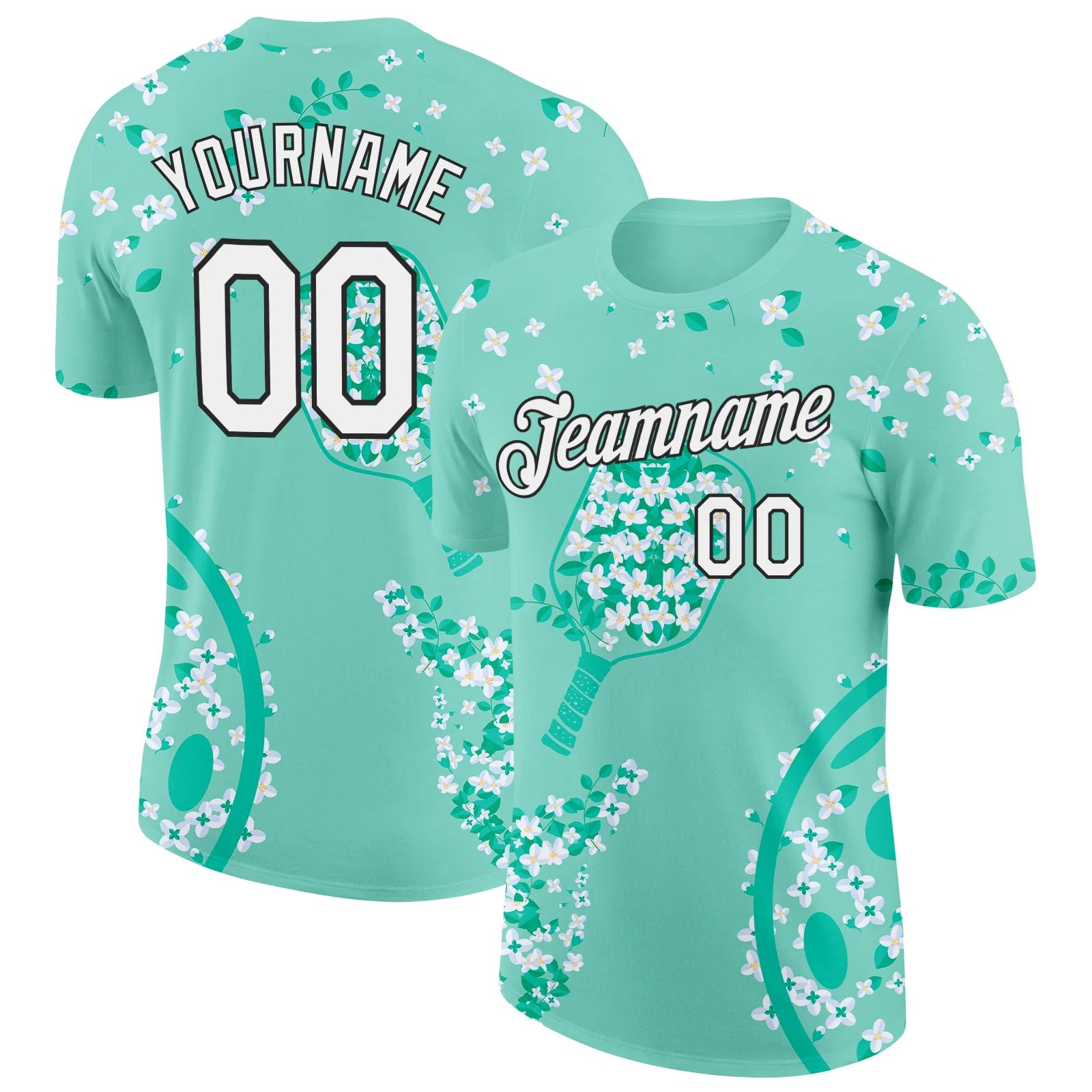 Custom Green White-Black 3D Pickleball Paddles Balls Floral Performance T-Shirt