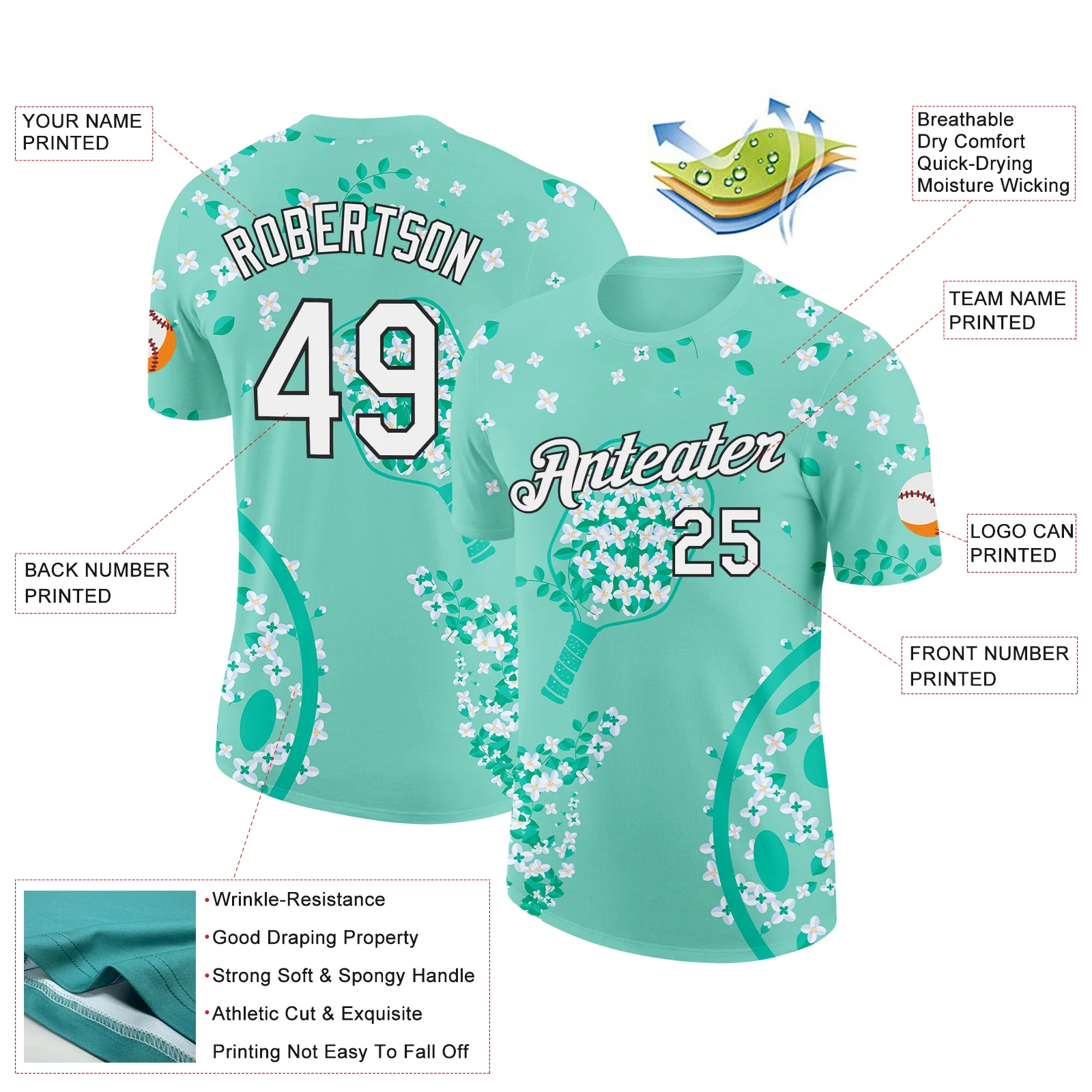 Custom Green White-Black 3D Pickleball Paddles Balls Floral Performance T-Shirt - Image 2