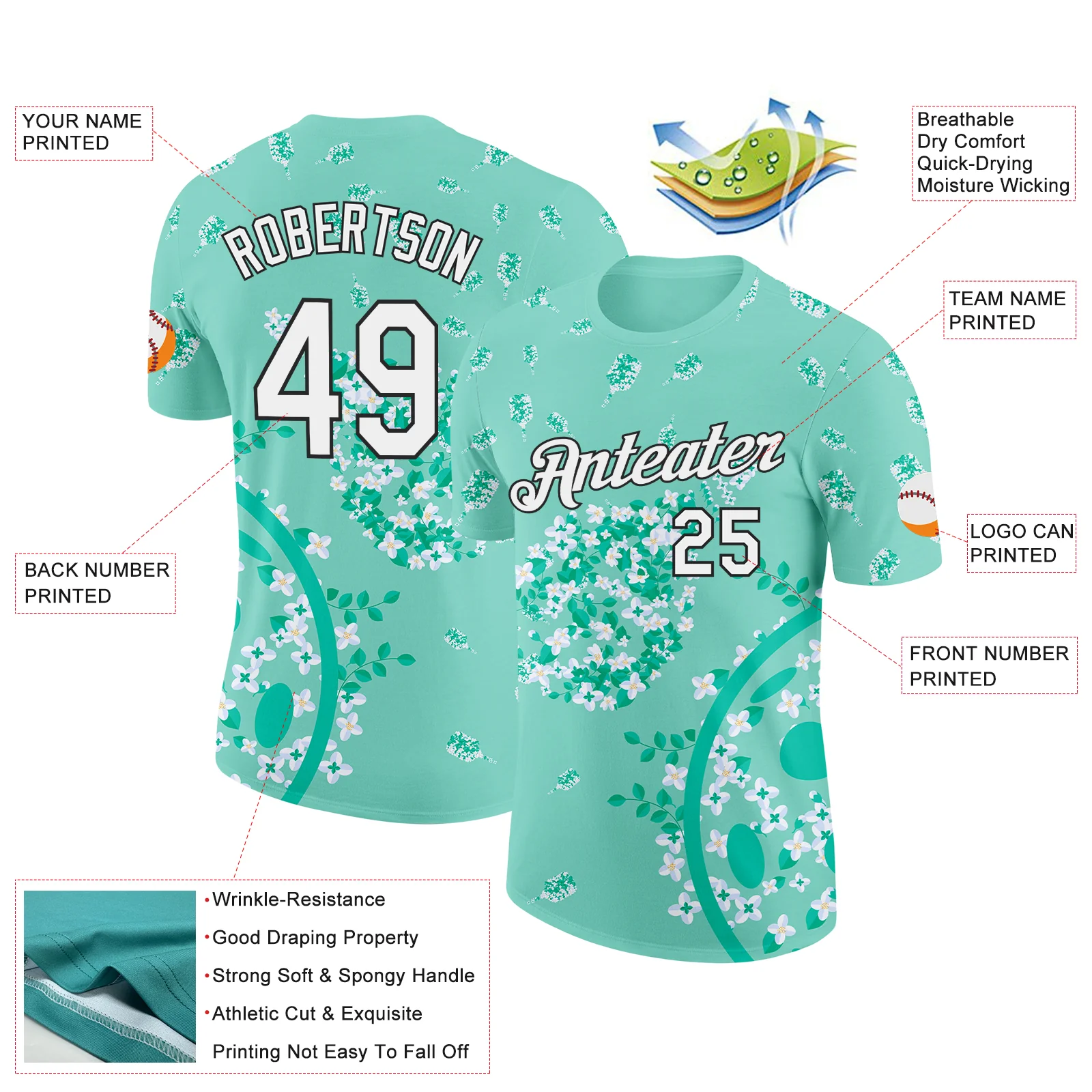 Custom Green White-Black 3D Pickleball Paddles Balls Floral Performance T-Shirt - Image 2