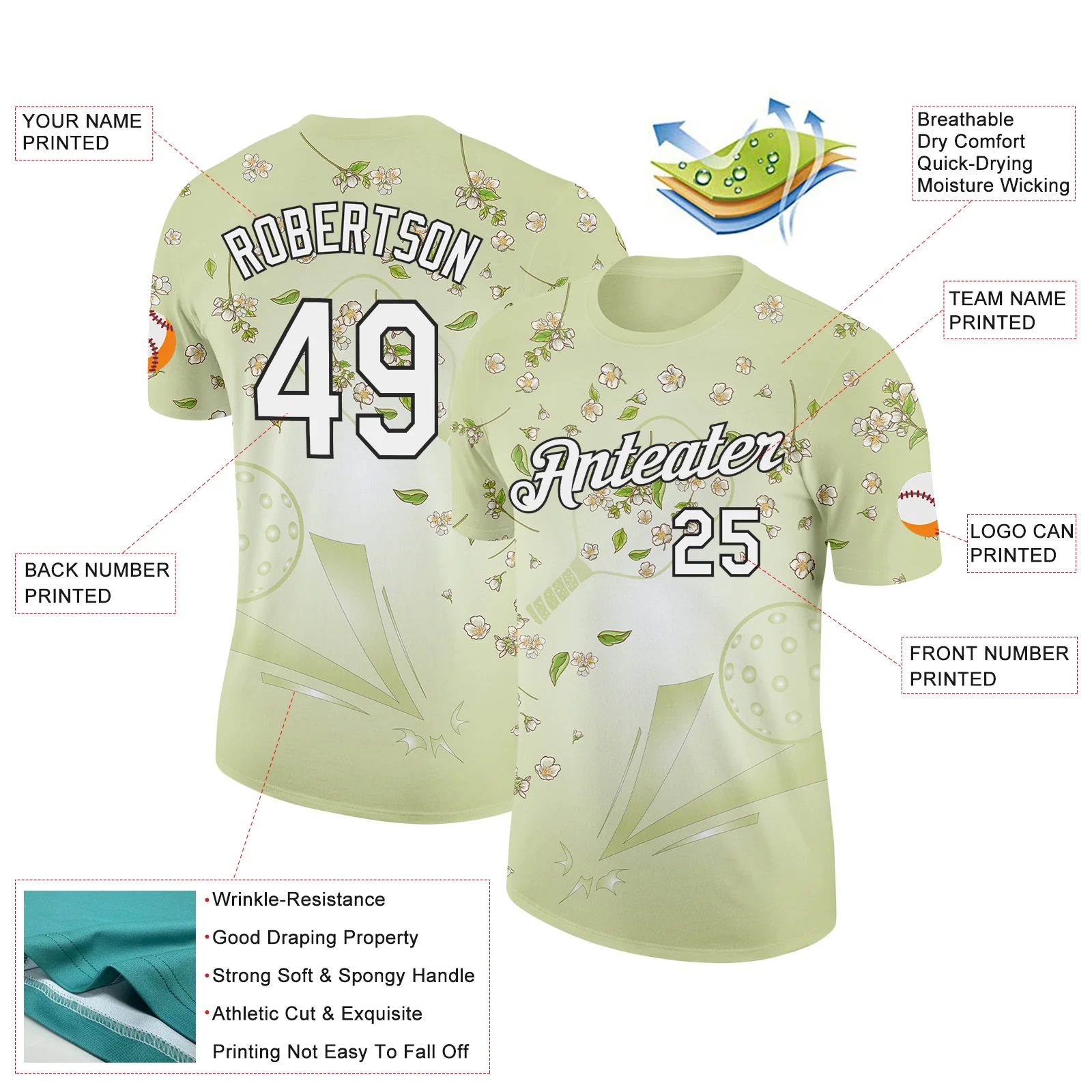 Custom Green White-Black 3D Pickleball Paddles Balls Floral Performance T-Shirt - Image 2