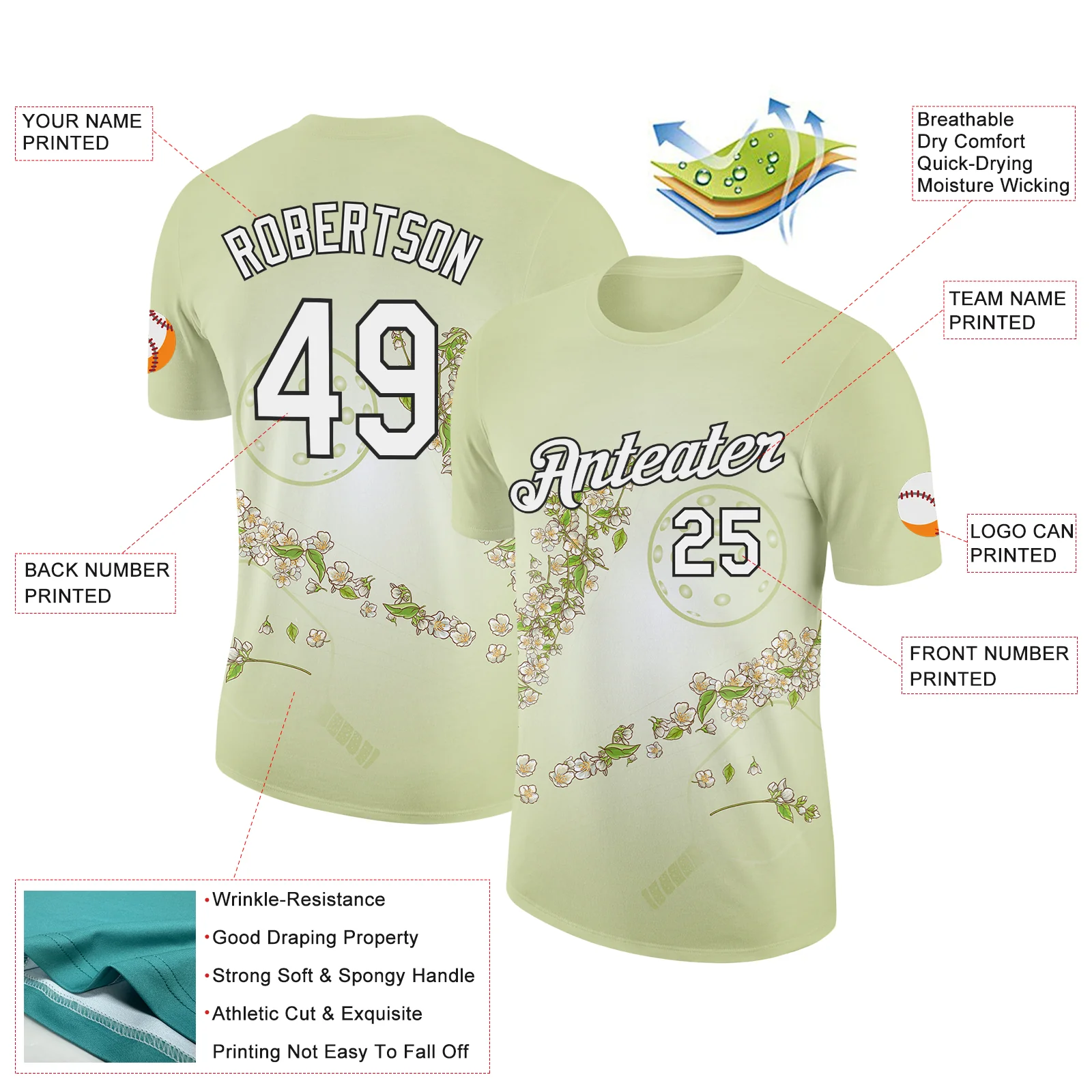 Custom Green White-Black 3D Pickleball Paddles Balls Floral Performance T-Shirt - Image 2