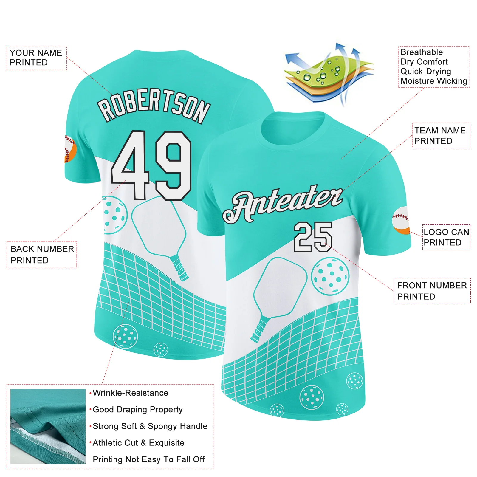 Custom Green White-Black 3D Pickleball Paddles Balls Performance T-Shirt - Image 2