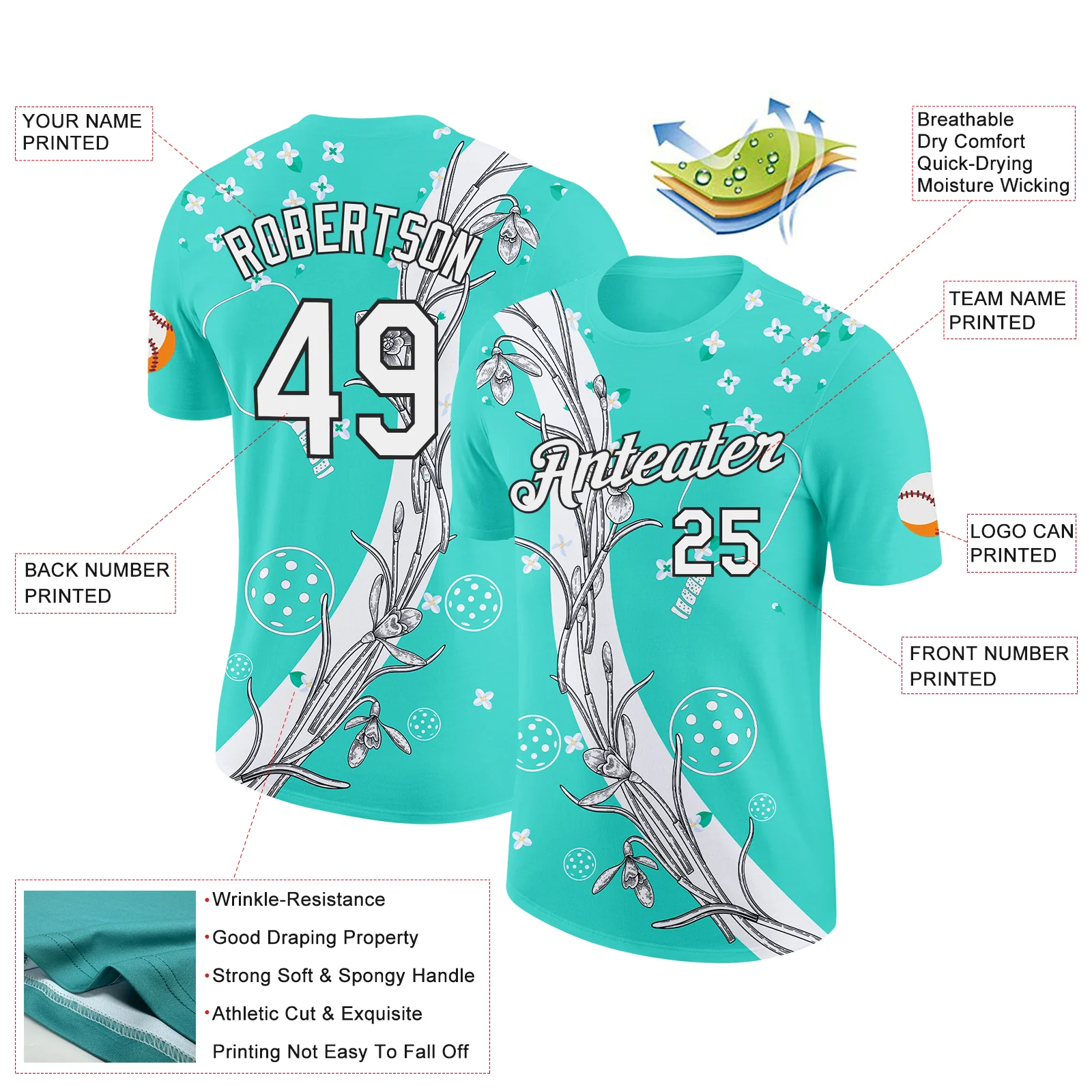 Custom Green White-Black 3D Pickleball Paddles Balls Floral Performance T-Shirt - Image 2