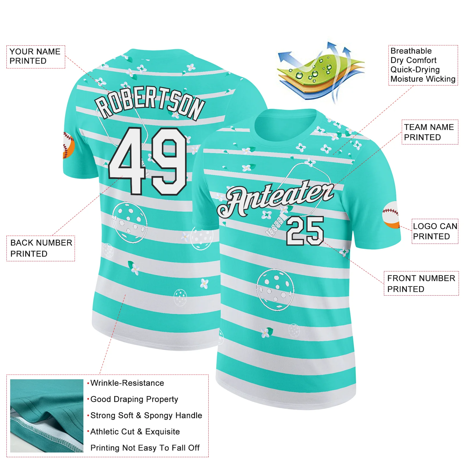 Custom Green White-Black 3D Pickleball Paddles Balls Floral Performance T-Shirt - Image 2