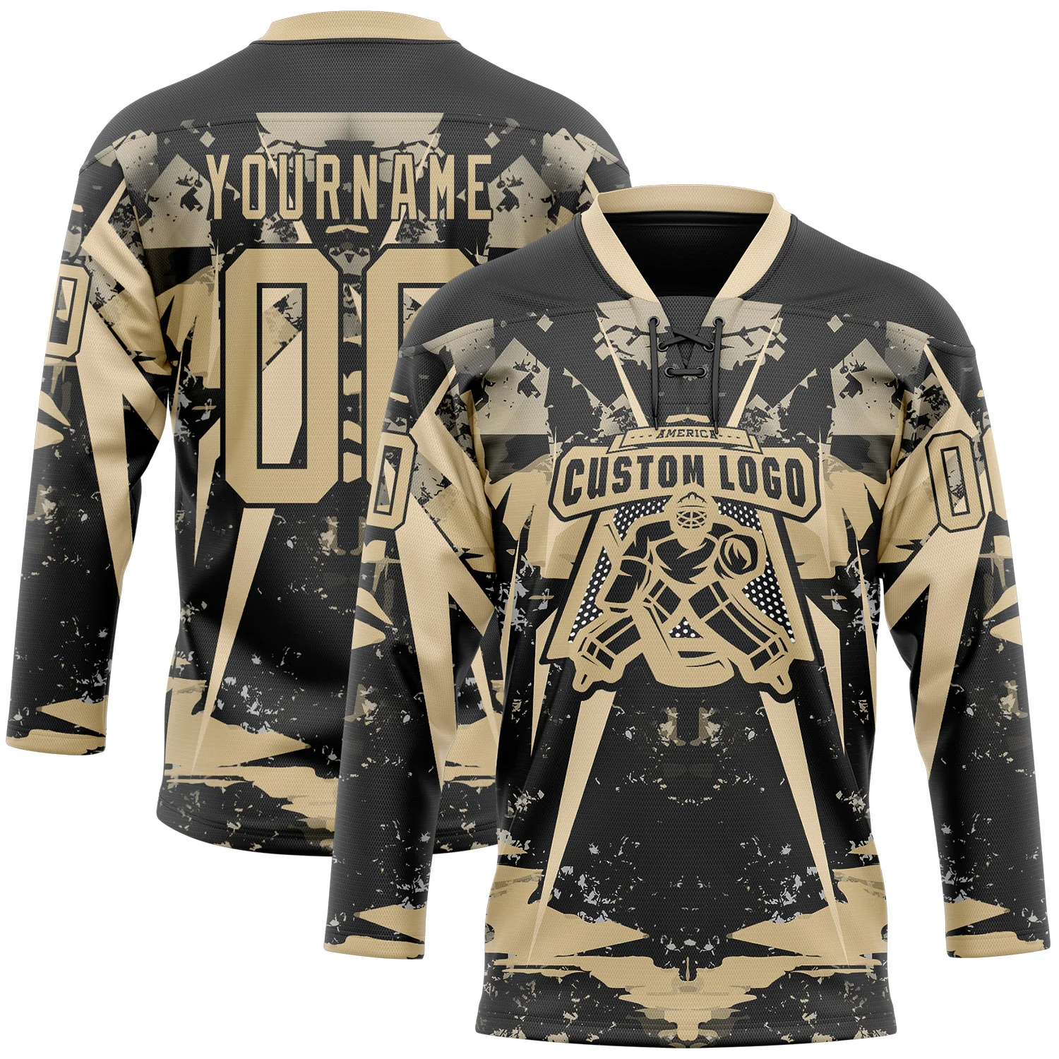 Custom Black Vegas Gold 3D Pattern Abstract Grunge Hockey Lace Neck Jersey - Image 2