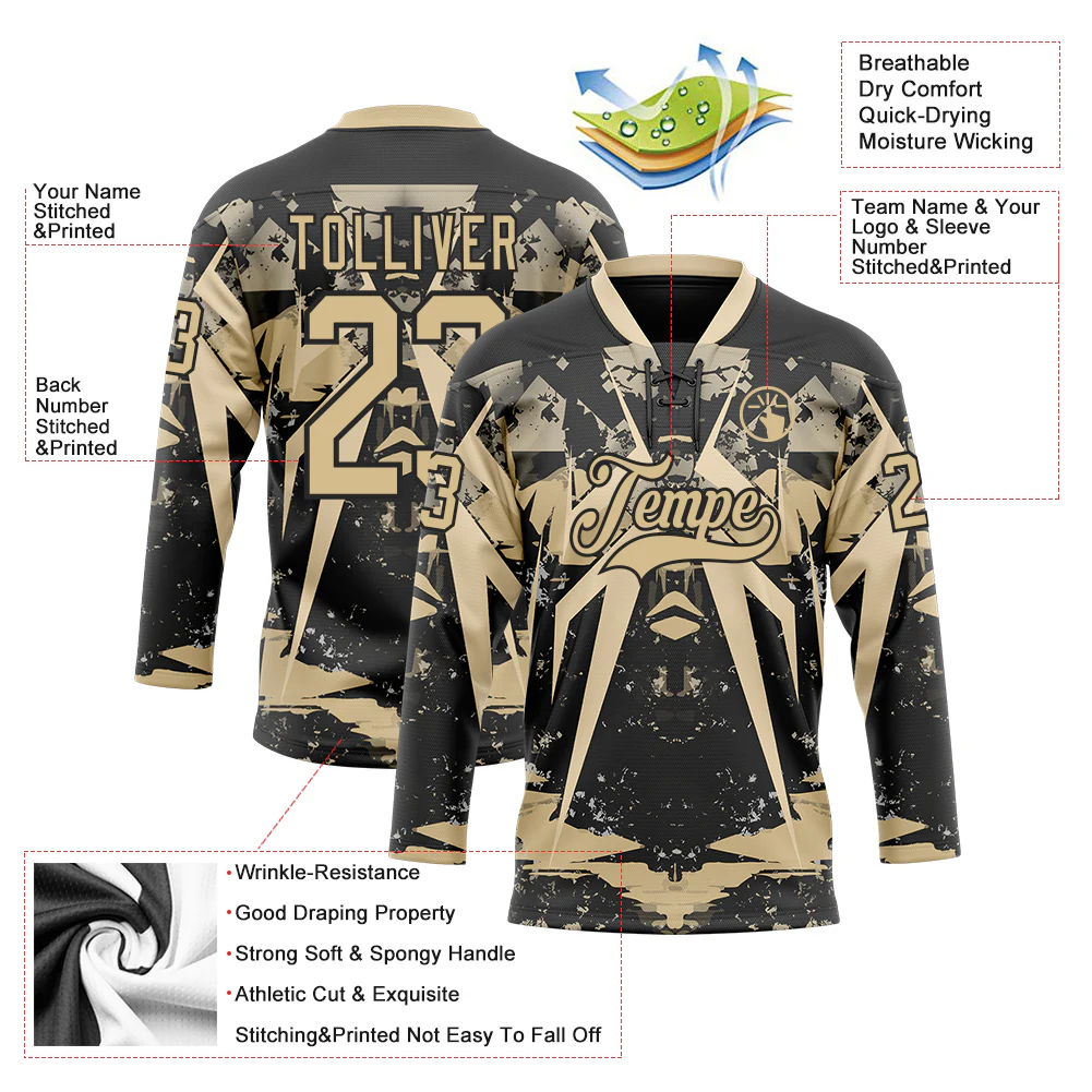 Custom Black Vegas Gold 3D Pattern Abstract Grunge Hockey Lace Neck Jersey - Image 3