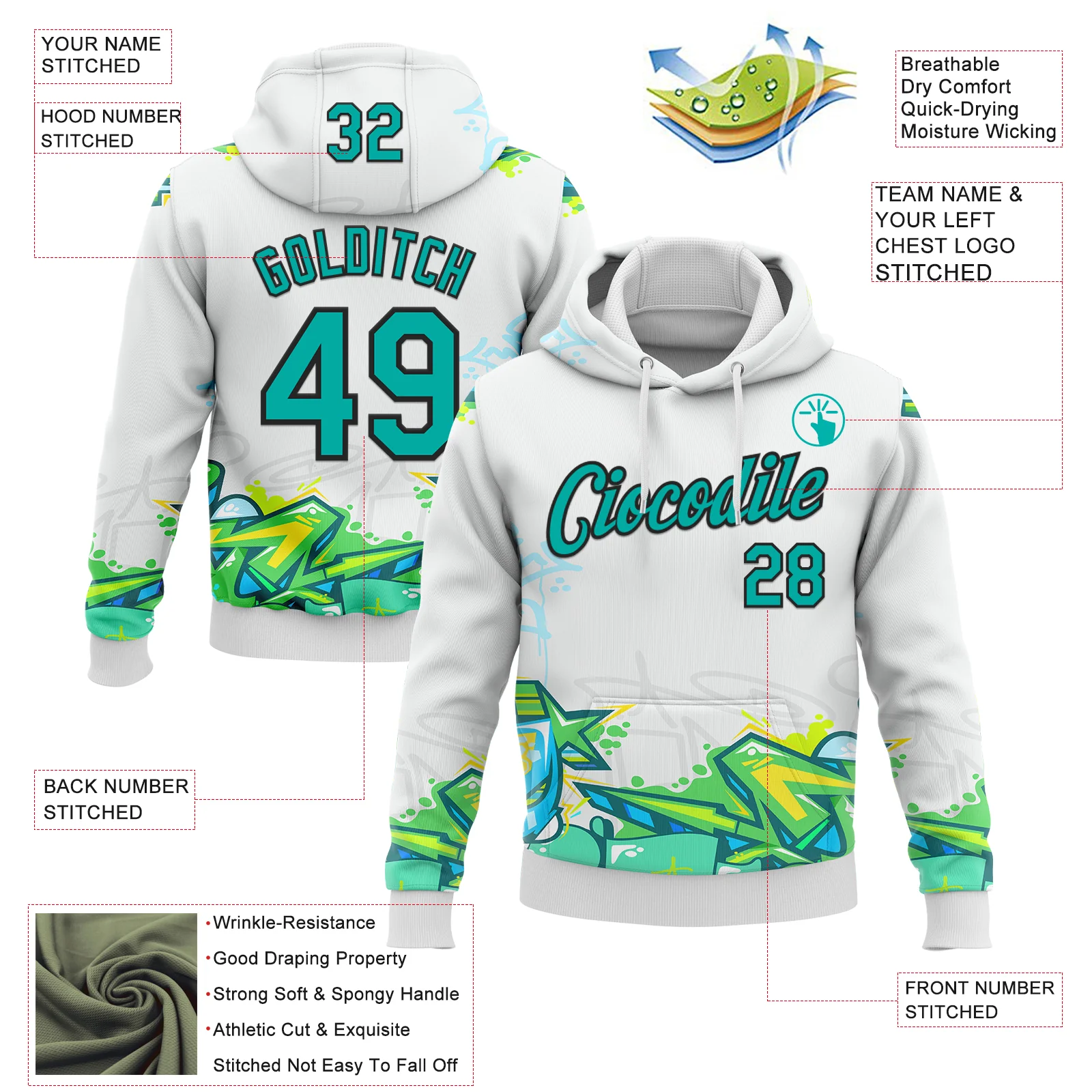 Custom Stitched Graffiti Pattern Aqua-Black 3D Trendy Abstract Urban Street Art Sports Pullover Sweatshirt Hoodie - Image 2