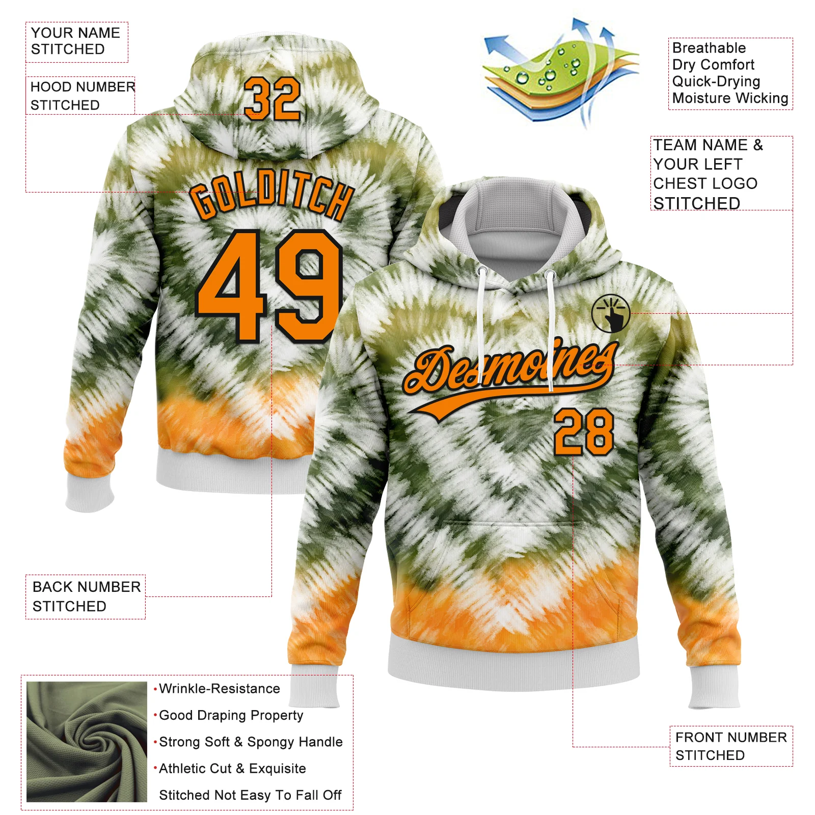 Custom Stitched Tie Dye Bay Orange-Black 3D Sports Pullover Sweatshirt Hoodie - Image 2