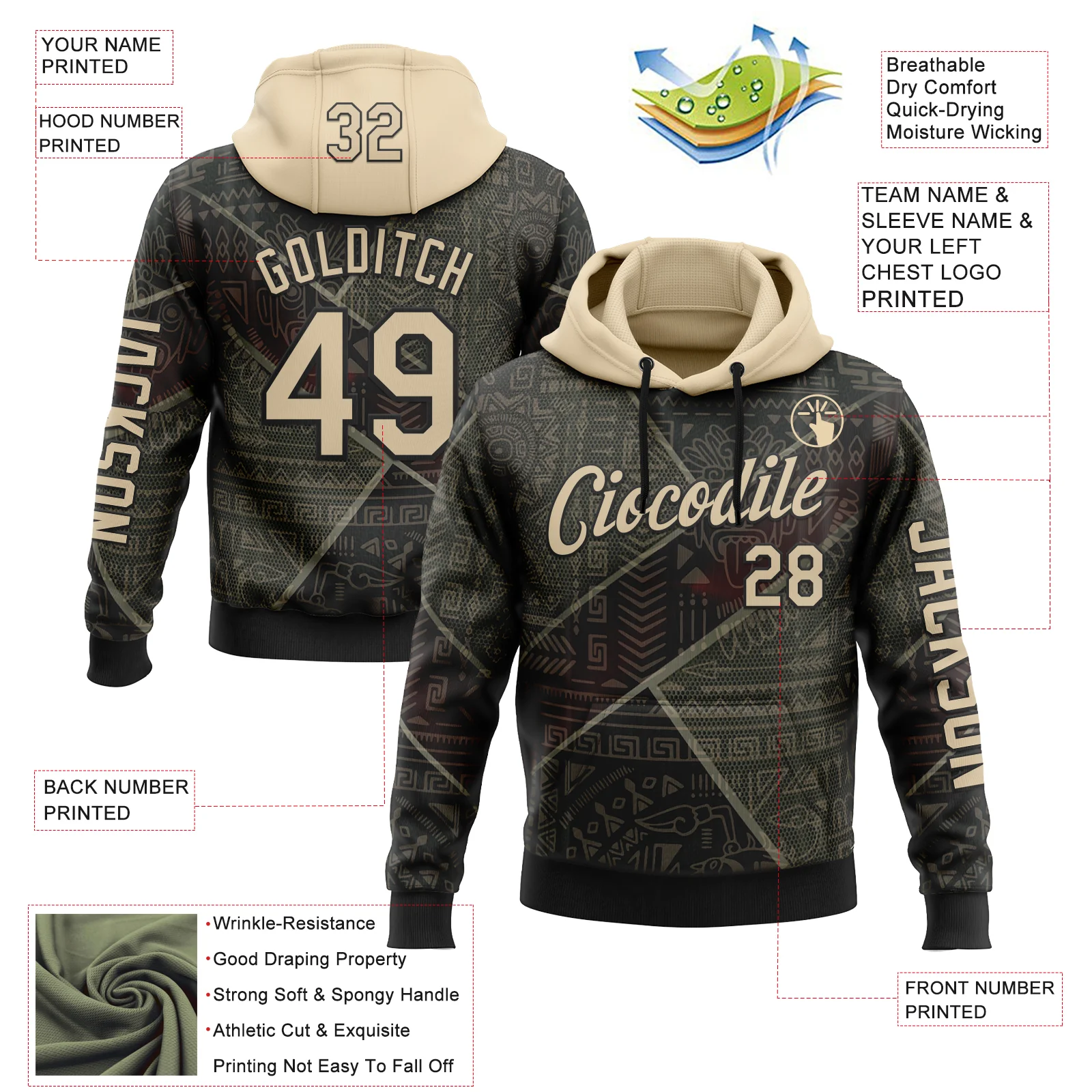 Custom Black City Cream 3D Pattern Design Ethnic Tribal Sportswear Pullover Sweatshirt Hoodie - Image 2