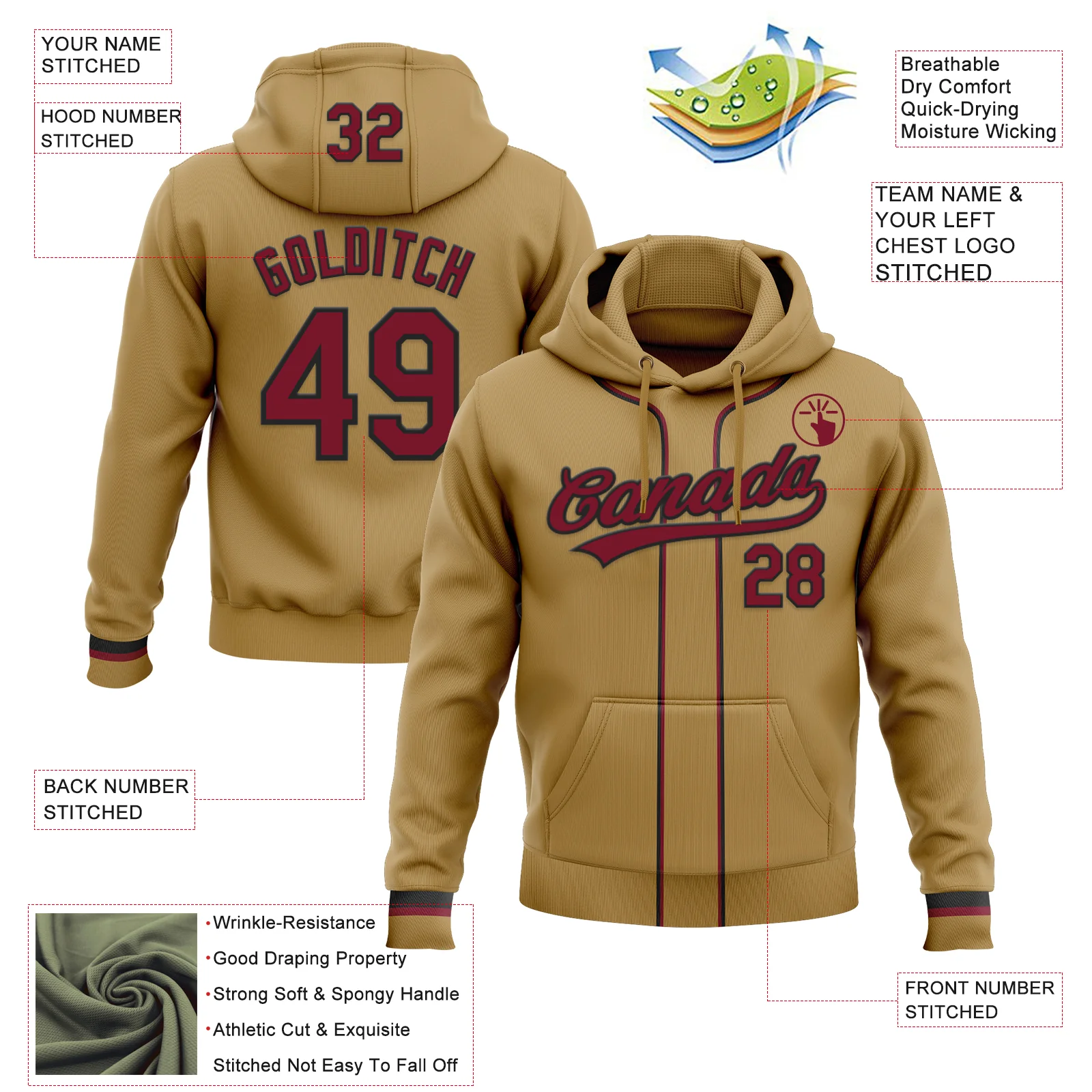 Custom Stitched Old Gold Crimson-Black Baseball Pullover Sweatshirt Hoodie - Image 2