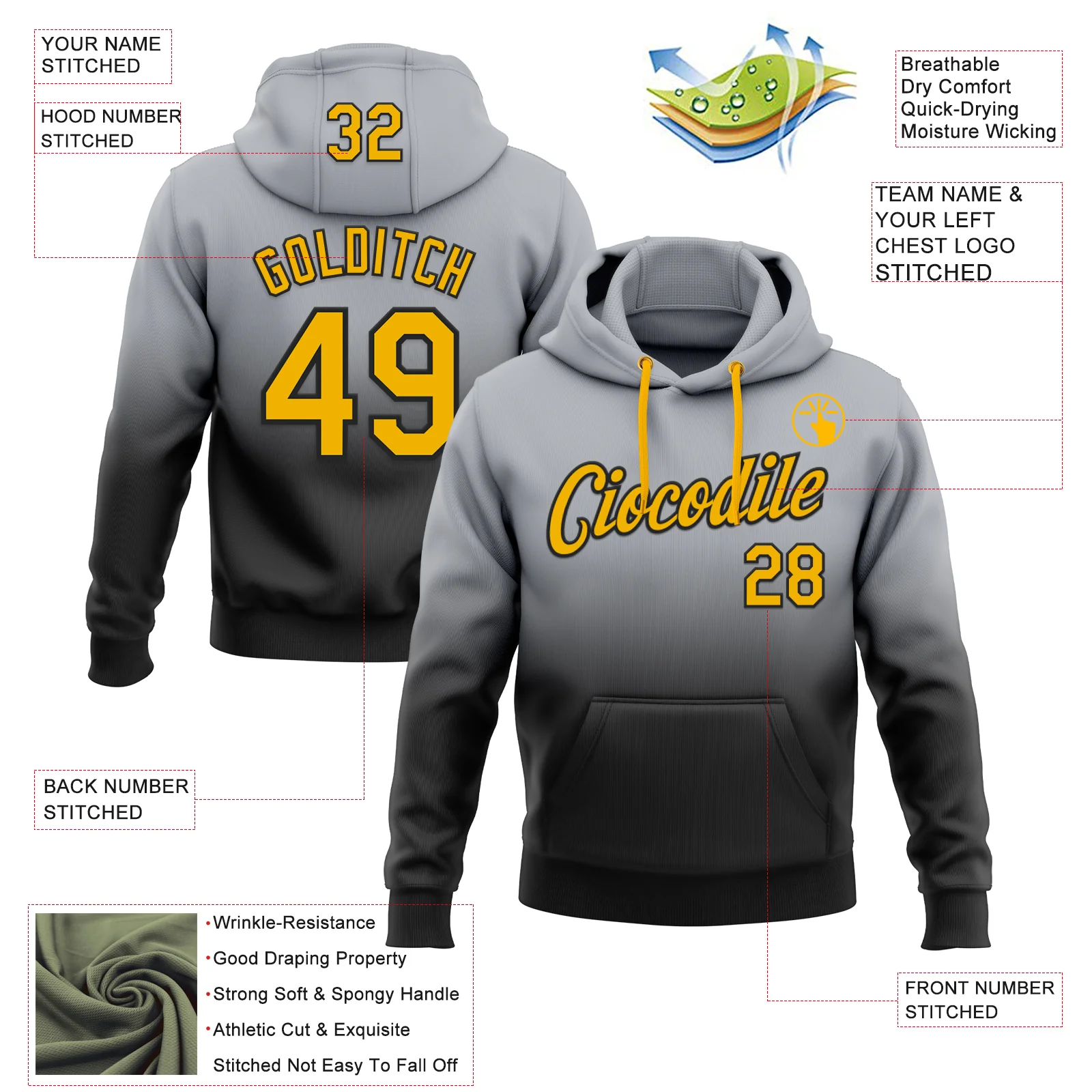 Custom Stitched Gray Gold-Black Fade Fashion Sports Pullover Sweatshirt Hoodie - Image 2