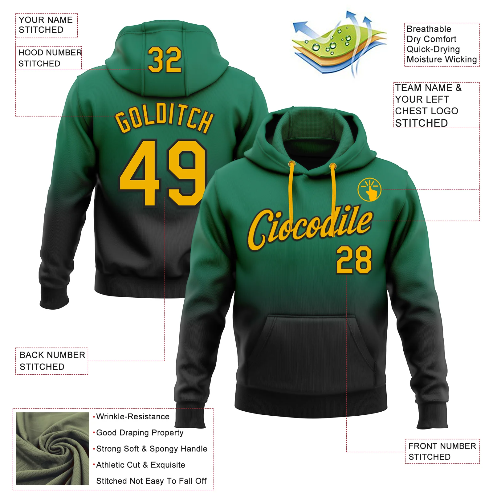 Custom Stitched Kelly Green Gold-Black Fade Fashion Sports Pullover Sweatshirt Hoodie - Image 2