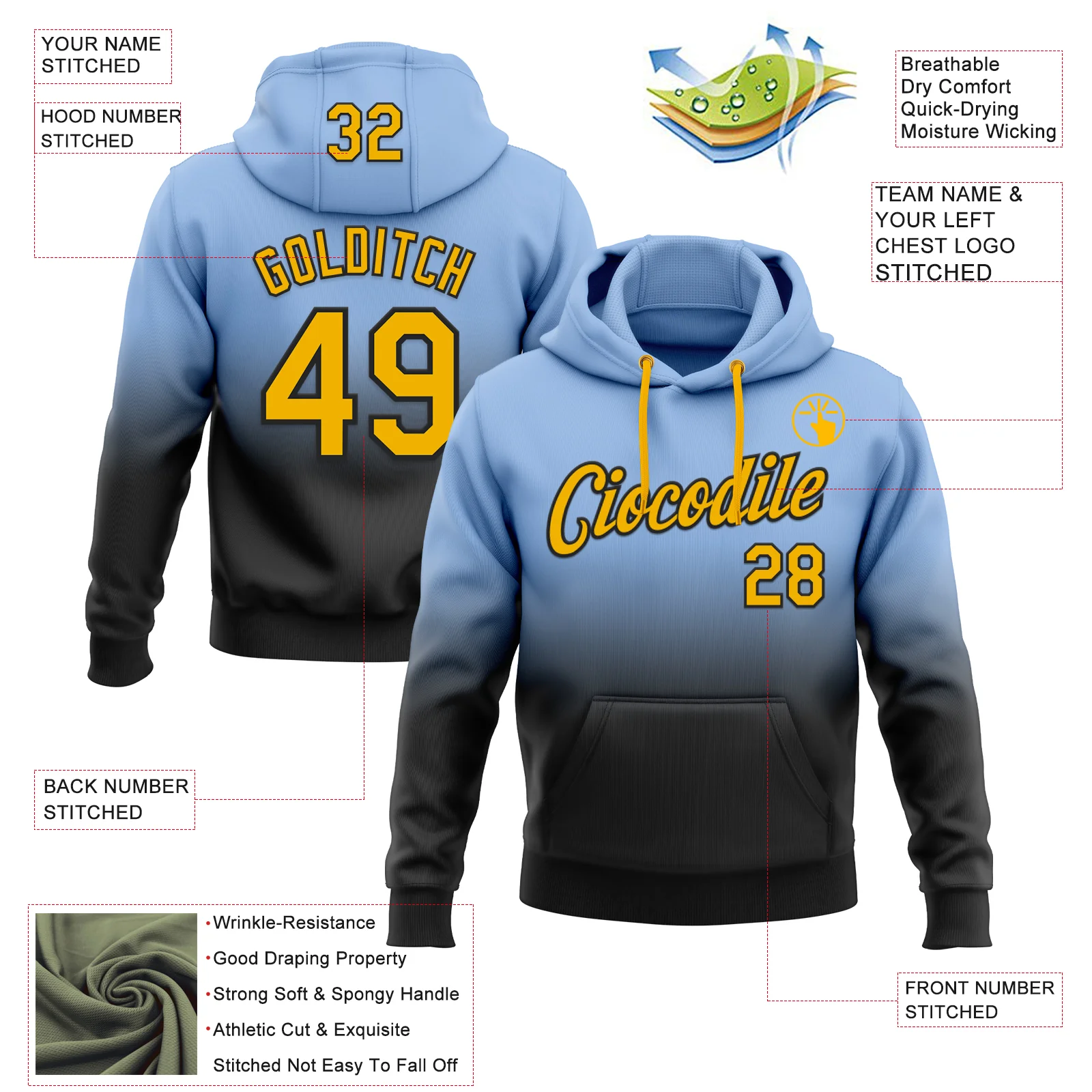 Custom Stitched Light Blue Gold-Black Fade Fashion Sports Pullover Sweatshirt Hoodie - Image 2