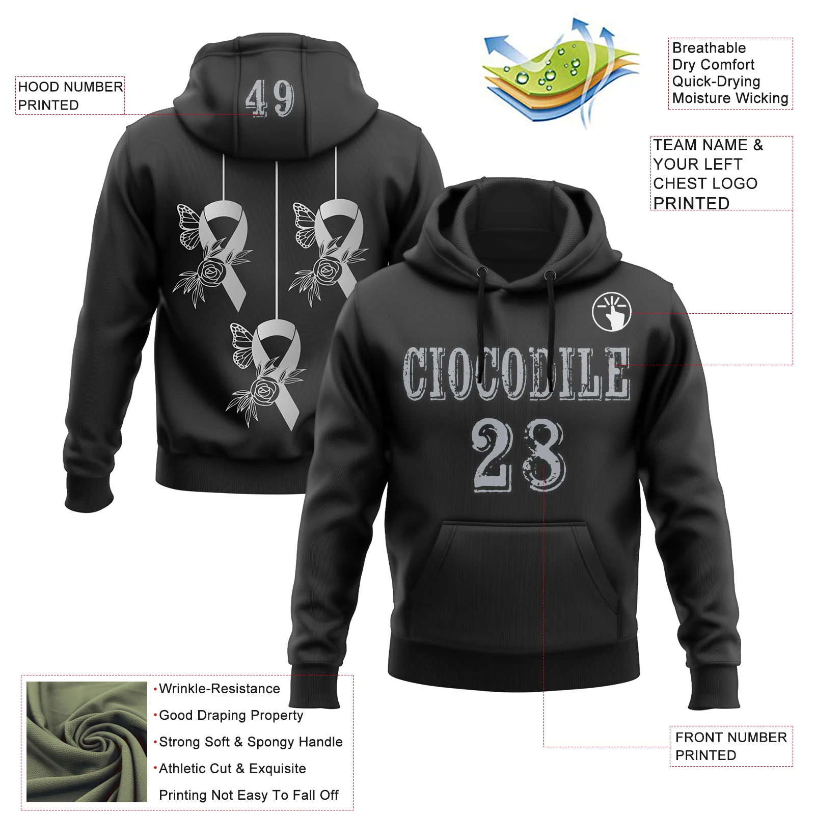 Custom Black Gray 3D Brain Cancer World Cancer Day Ribbon Support Sports Pullover Sweatshirt Hoodie - Image 2