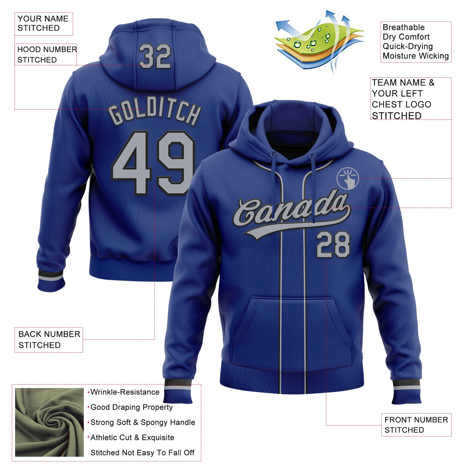 Custom Stitched Royal Gray-Black Baseball Pullover Sweatshirt Hoodie - Image 2