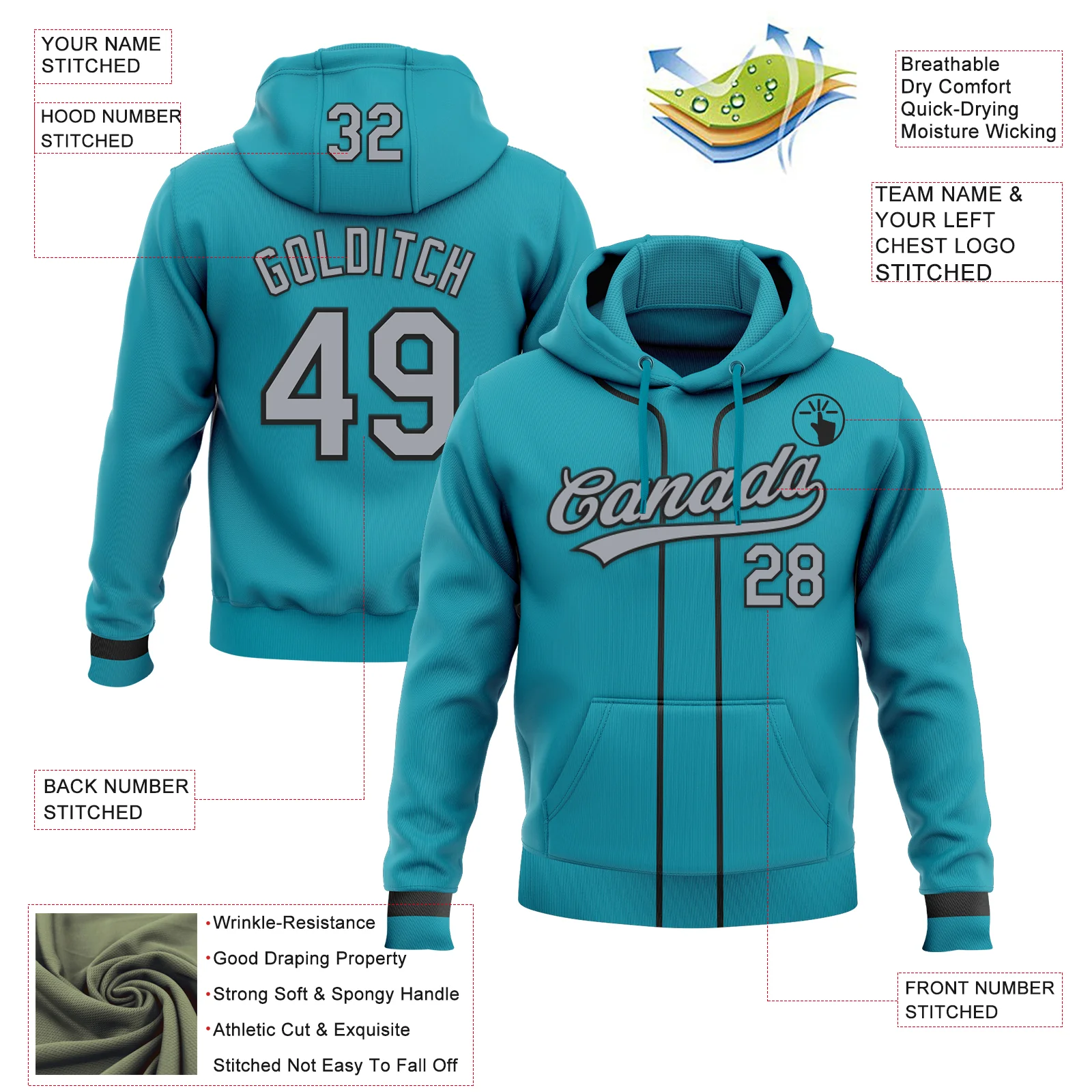 Custom Stitched Teal Gray-Black Baseball Pullover Sweatshirt Hoodie - Image 2
