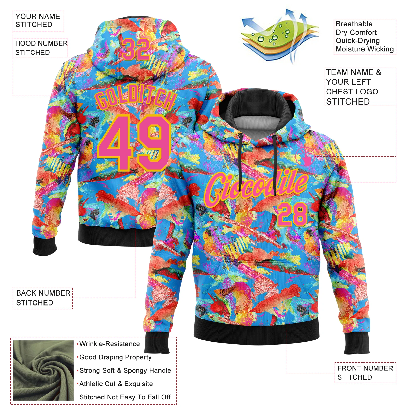 Custom Stitched Graffiti Pattern Hot Pink Black-Yellow 3D Watercolor Grunge Art Sports Pullover Sweatshirt Hoodie - Image 2