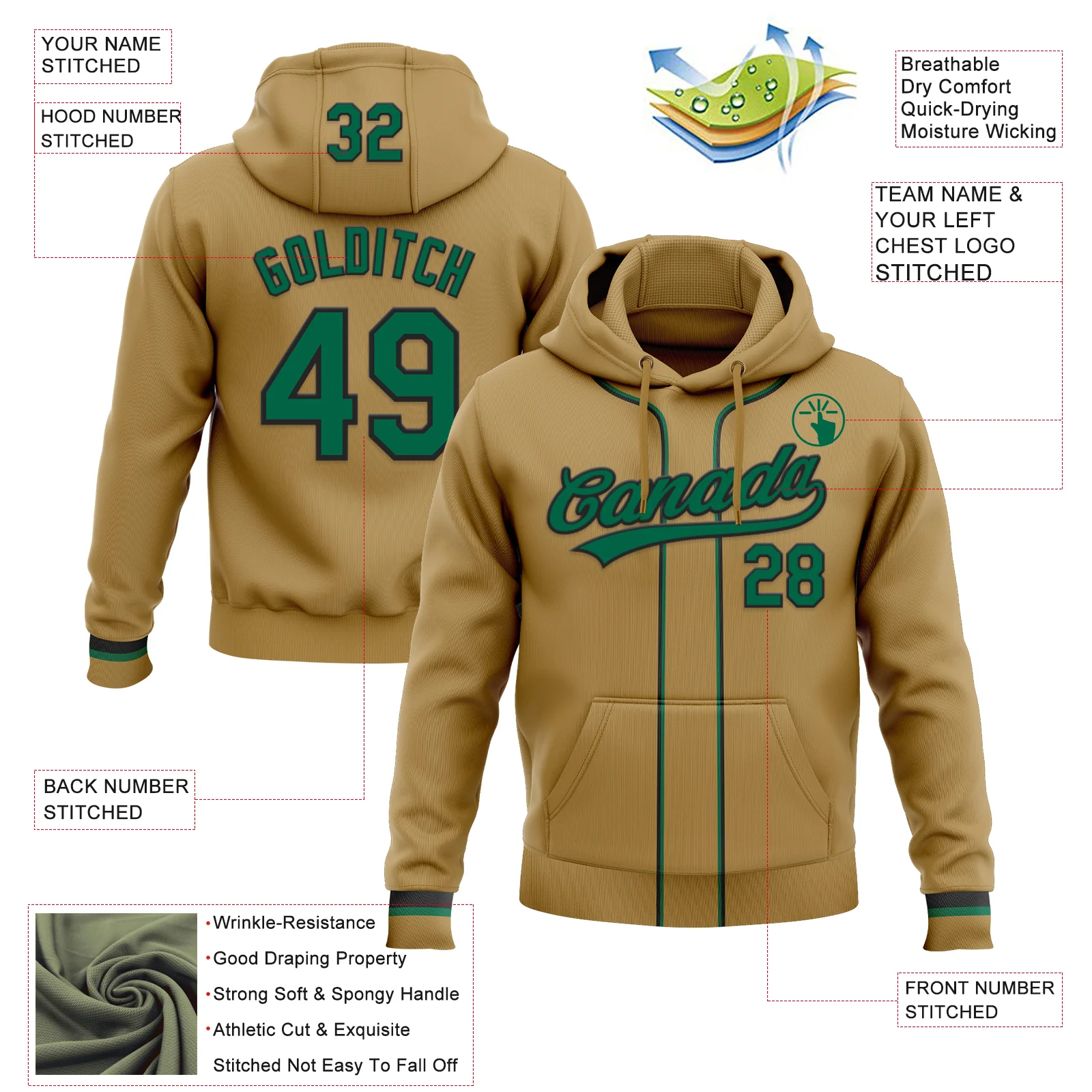 Custom Stitched Old Gold Kelly Green-Black Baseball Pullover Sweatshirt Hoodie - Image 2