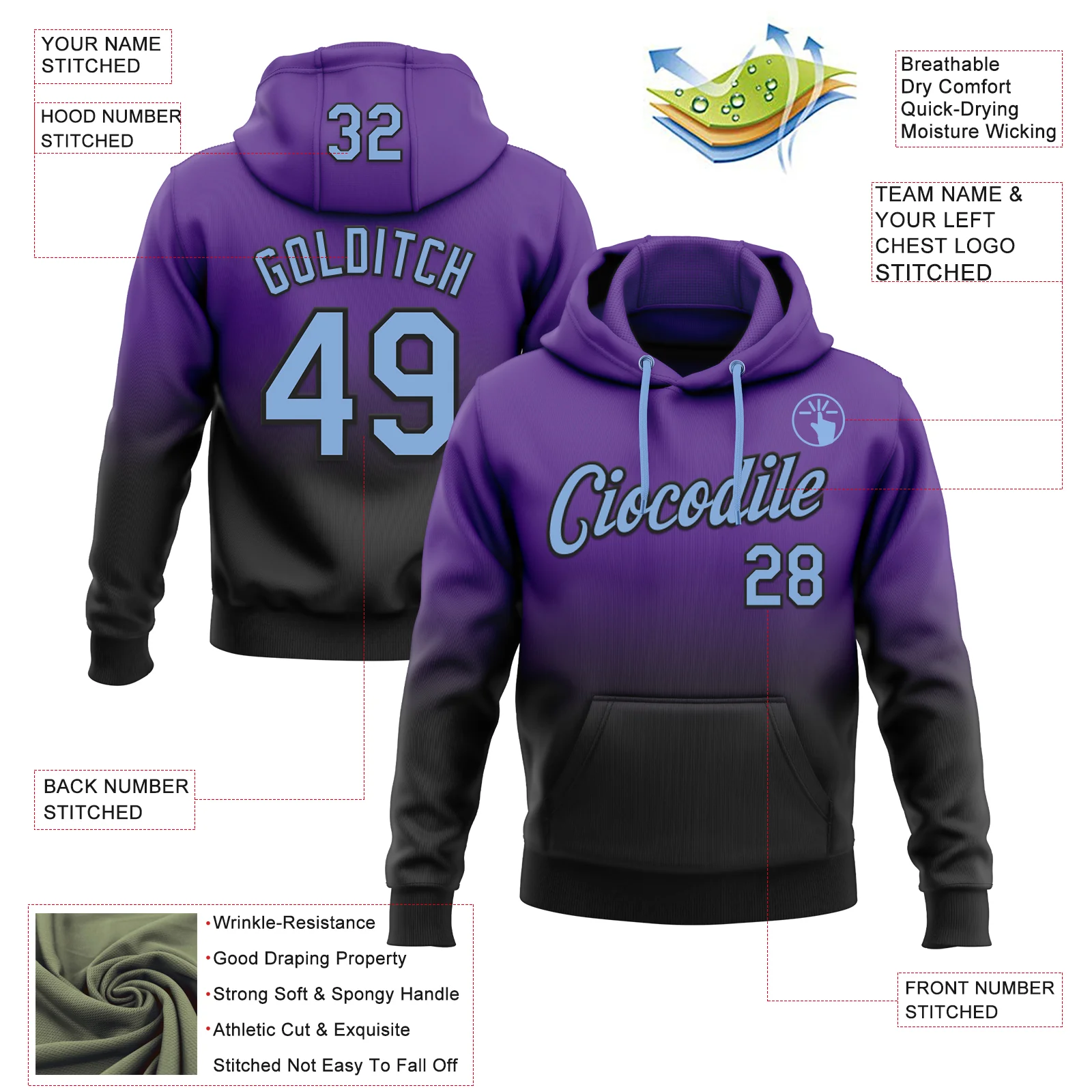 Custom Stitched Purple Light Blue-Black Fade Fashion Sports Pullover Sweatshirt Hoodie - Image 2