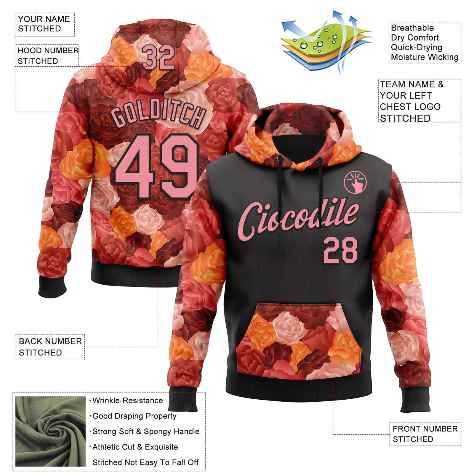 Custom Stitched Black Medium Pink 3D Ambartive Rose Pattern Sports Pullover Sweatshirt Hoodie - Image 2