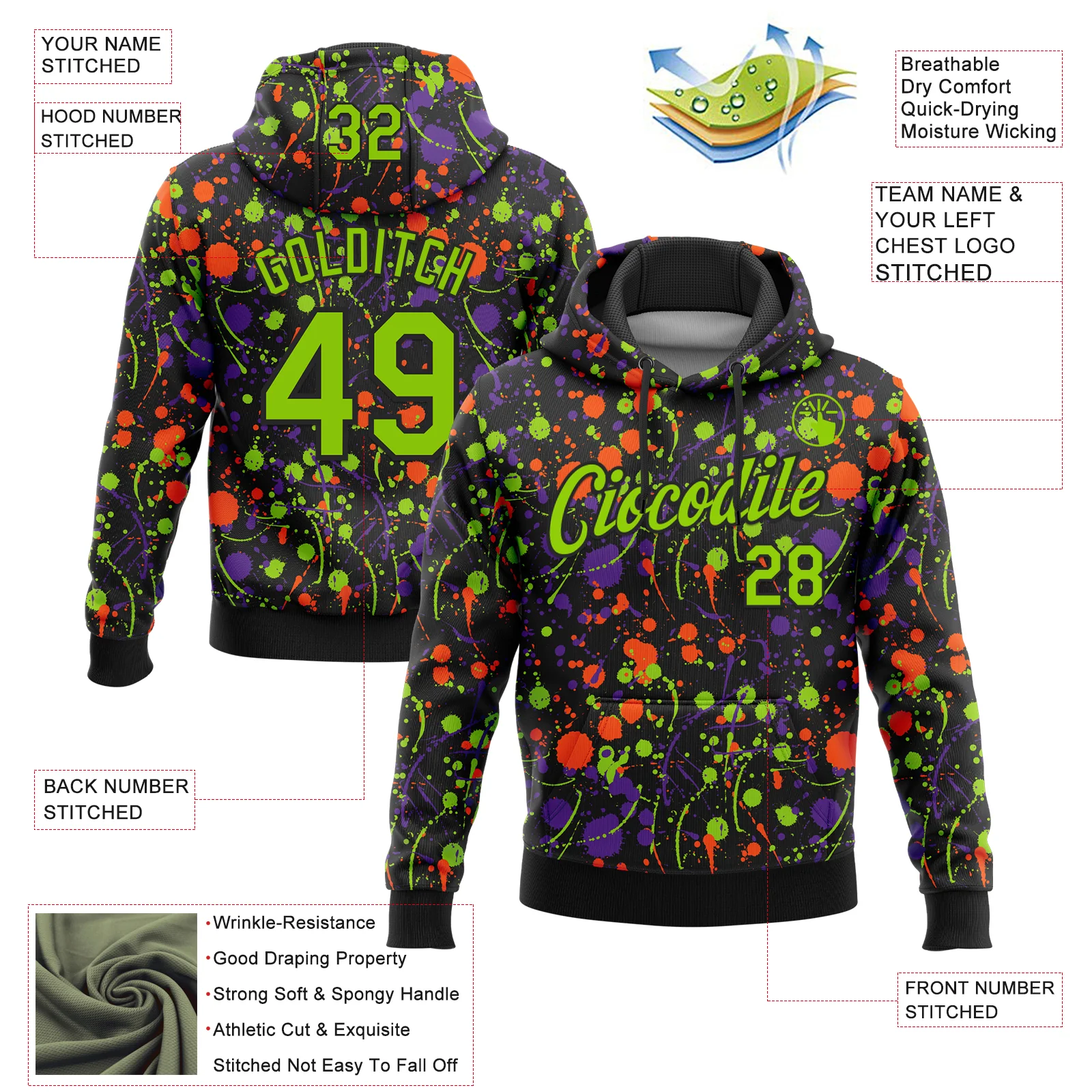 Custom Stitched Graffiti Pattern Neon Green-Black 3D Splash Grunge Art Sports Pullover Sweatshirt Hoodie - Image 2