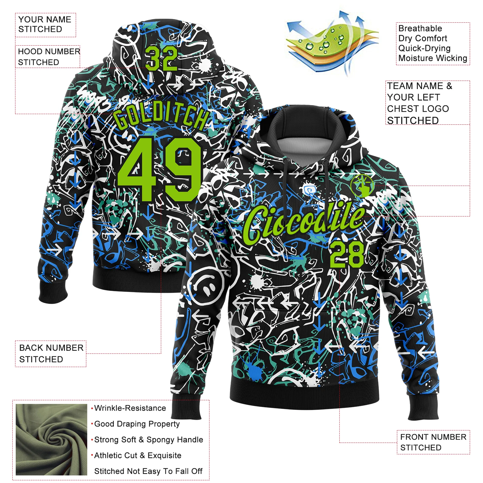 Custom Stitched Graffiti Pattern Neon Green-Black 3D Abstract Grunge Art Sports Pullover Sweatshirt Hoodie - Image 2