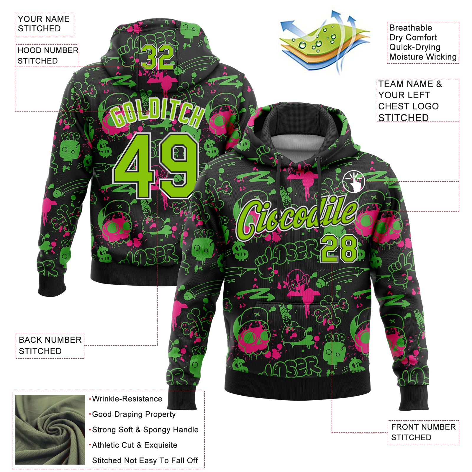 Custom Stitched Graffiti Pattern Neon Green Black-White 3D Abstract Grunge Art Sports Pullover Sweatshirt Hoodie - Image 2