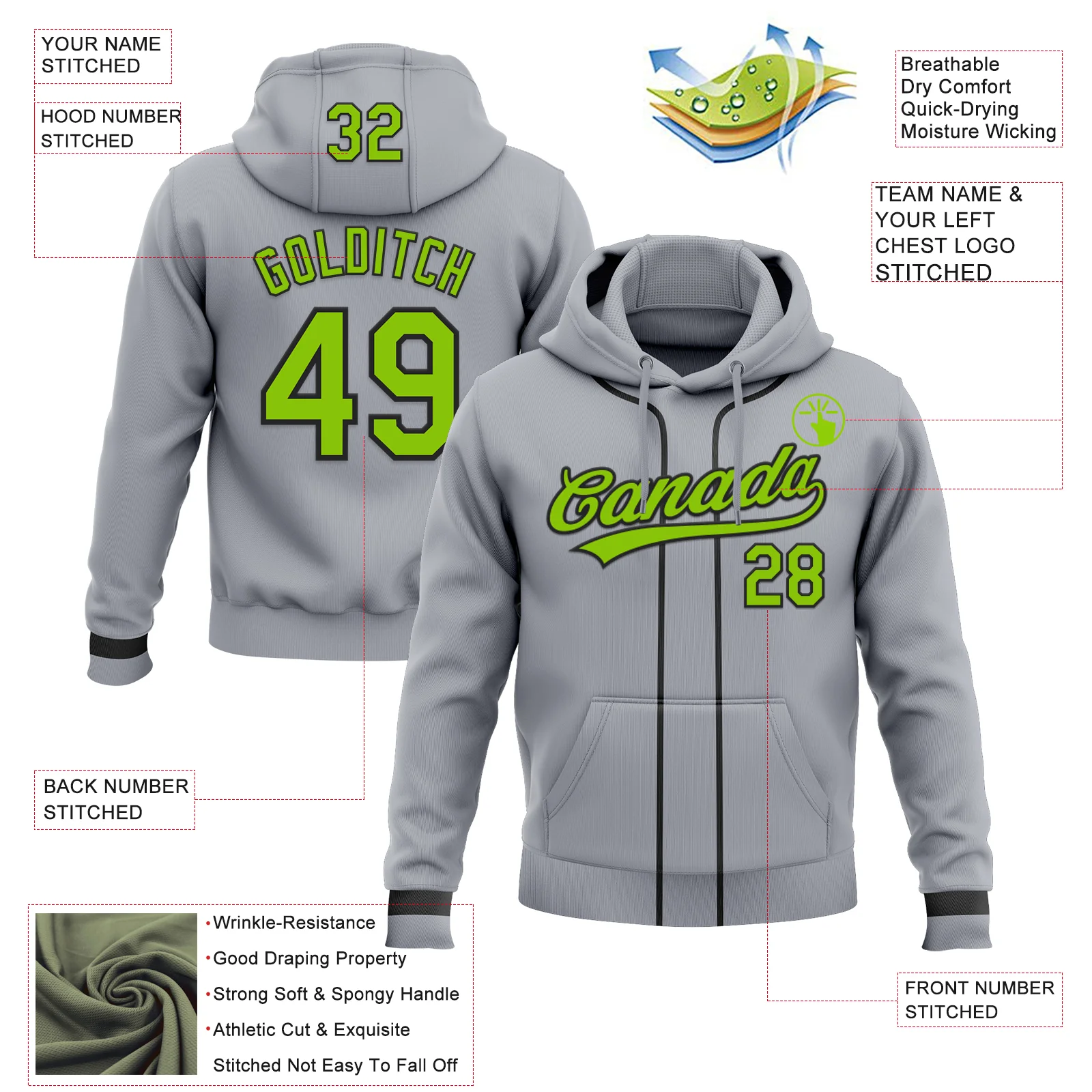Custom Stitched Gray Neon Green-Black Baseball Pullover Sweatshirt Hoodie - Image 2