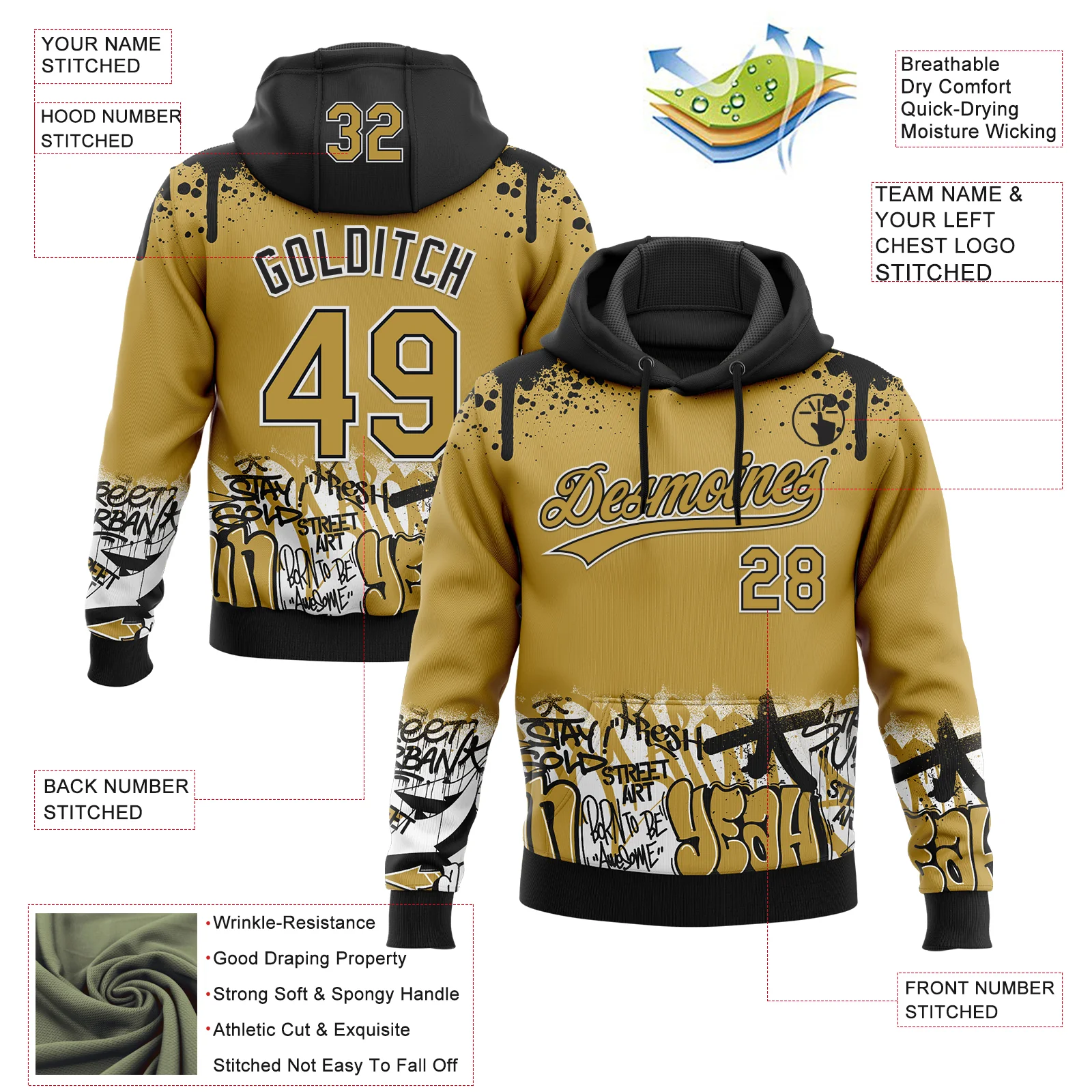 Custom Stitched Old Gold Black-White 3D Graffiti Splash Street Art Sports Pullover Sweatshirt Hoodie - Image 2