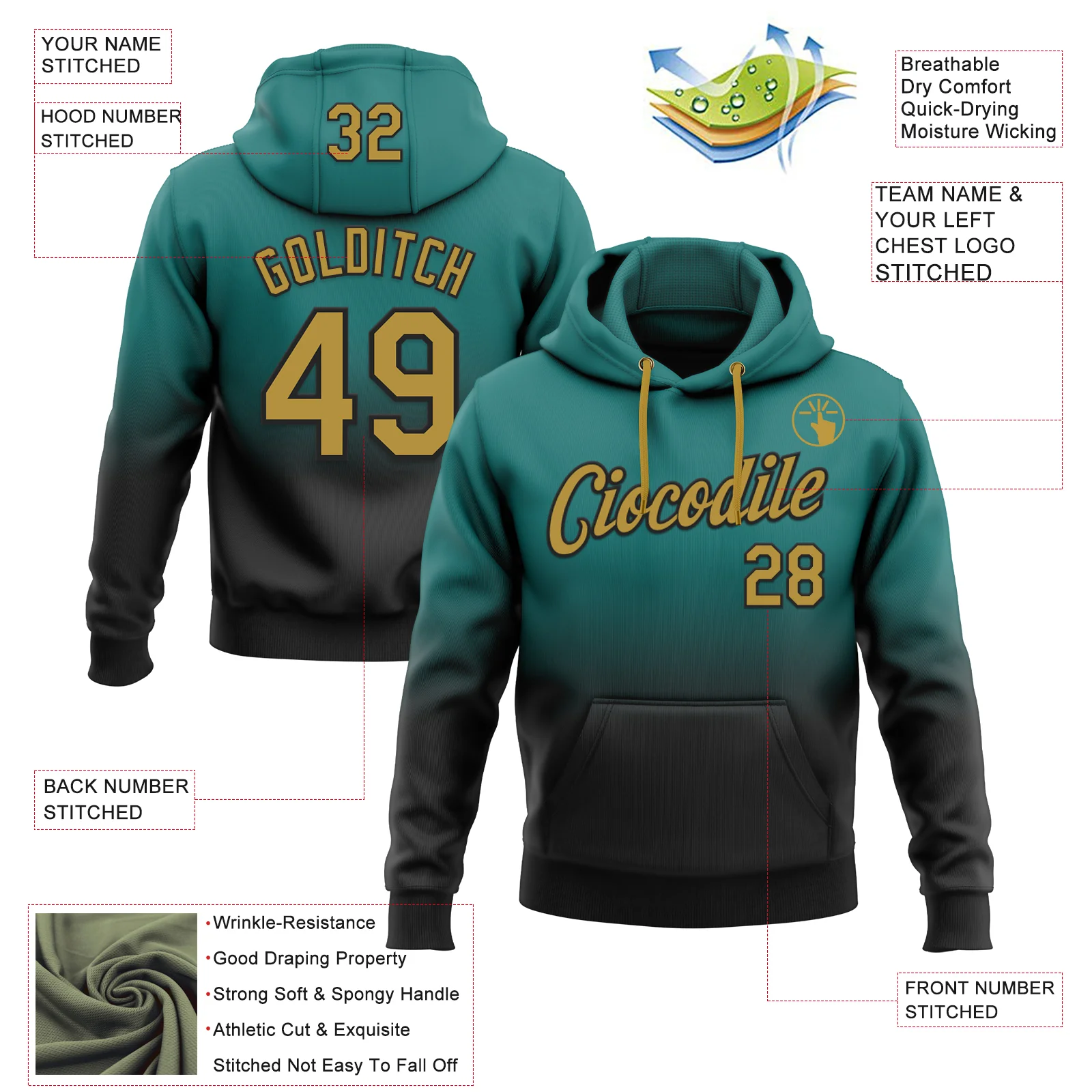 Custom Stitched Teal Old Gold-Black Fade Fashion Sports Pullover Sweatshirt Hoodie - Image 2