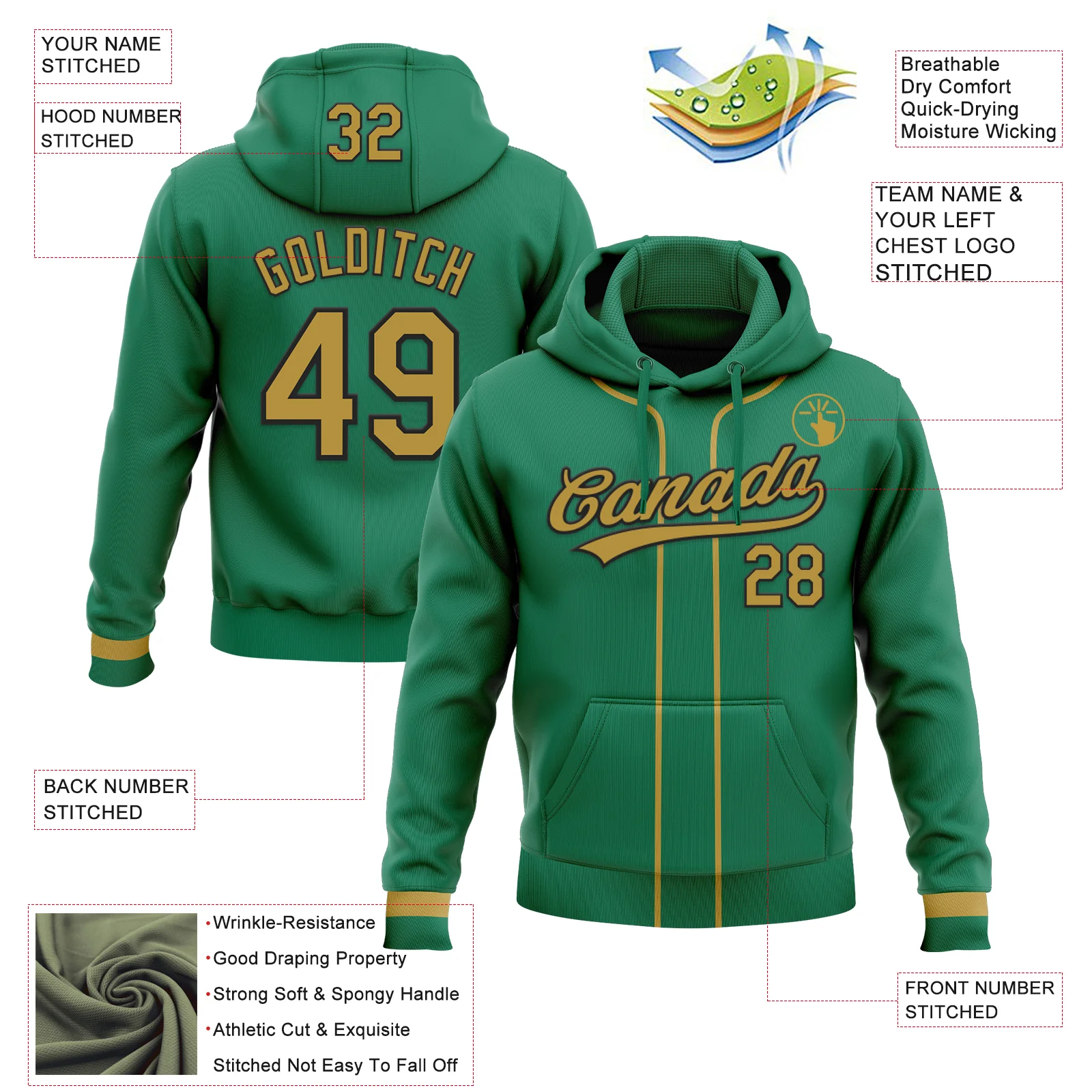 Custom Stitched Kelly Green Old Gold-Black Baseball Pullover Sweatshirt Hoodie - Image 2