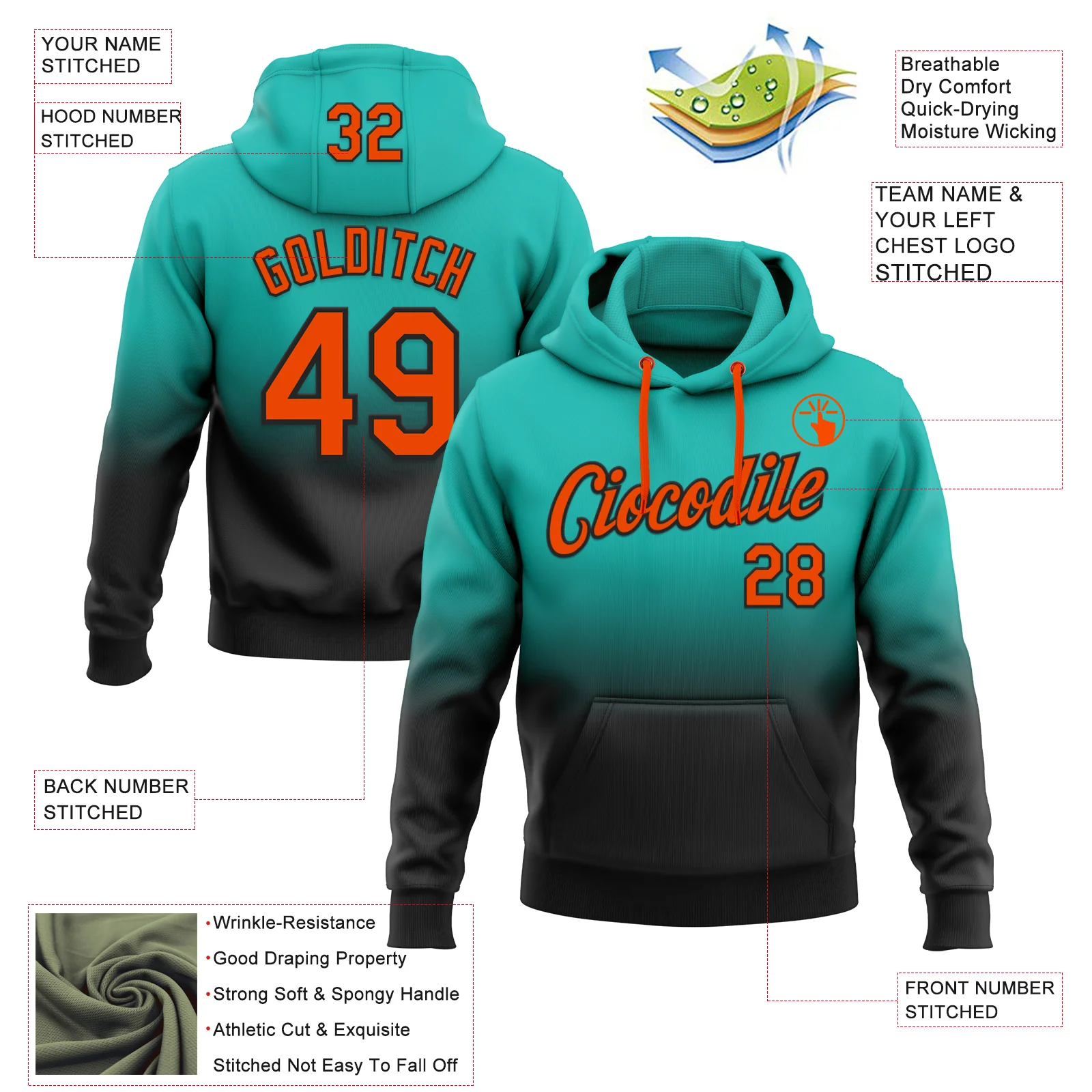 Custom Stitched Aqua Orange-Black Fade Fashion Sports Pullover Sweatshirt Hoodie - Image 2