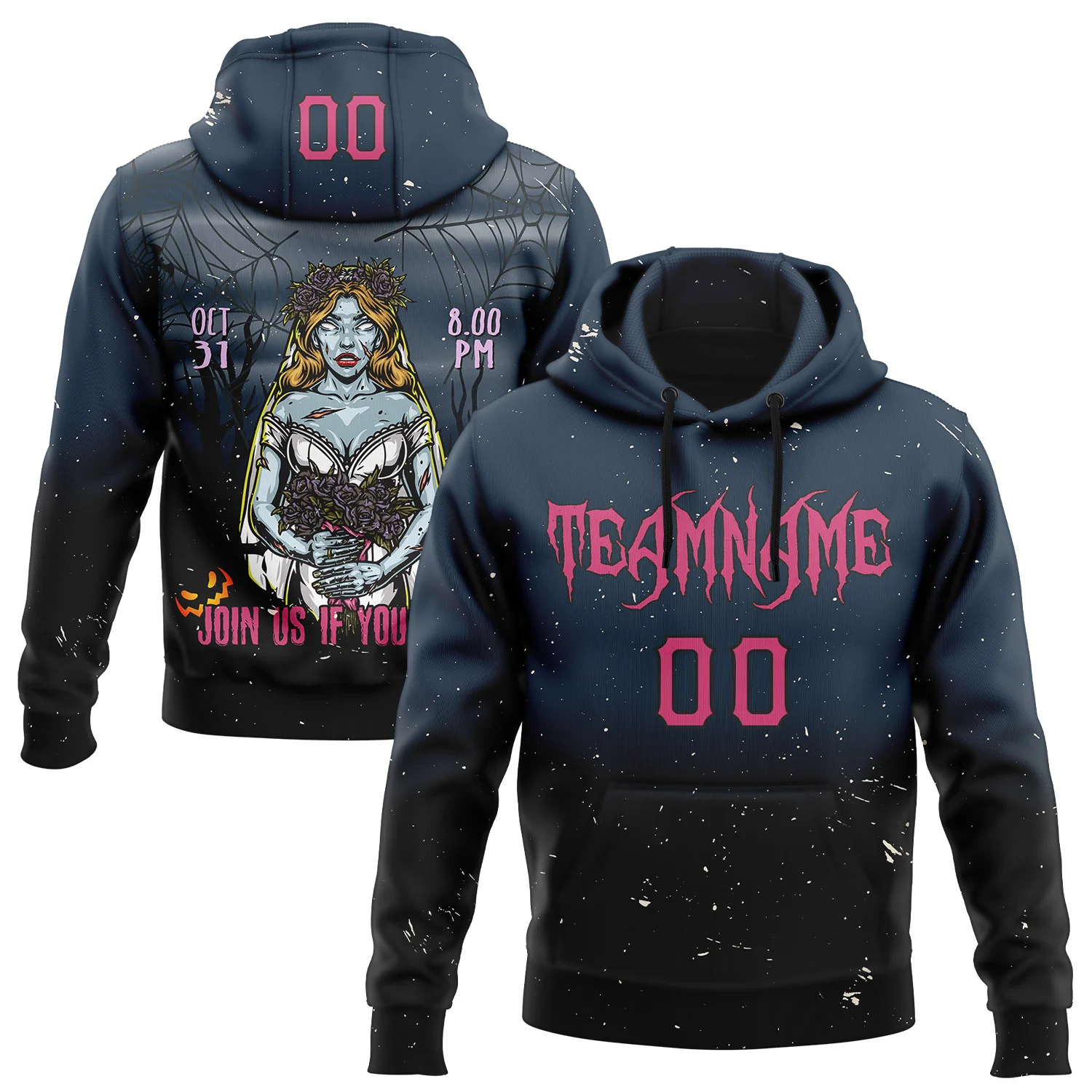 Custom Black Pink 3D Halloween Zombie Horror Night Trick Treat Party Costume Ideas Sports Pullover Sweatshirt Hoodie