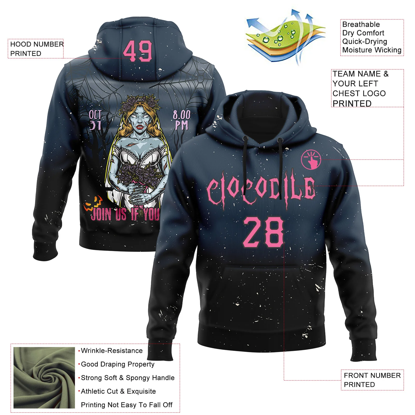 Custom Black Pink 3D Halloween Zombie Horror Night Trick Treat Party Costume Ideas Sports Pullover Sweatshirt Hoodie - Image 2