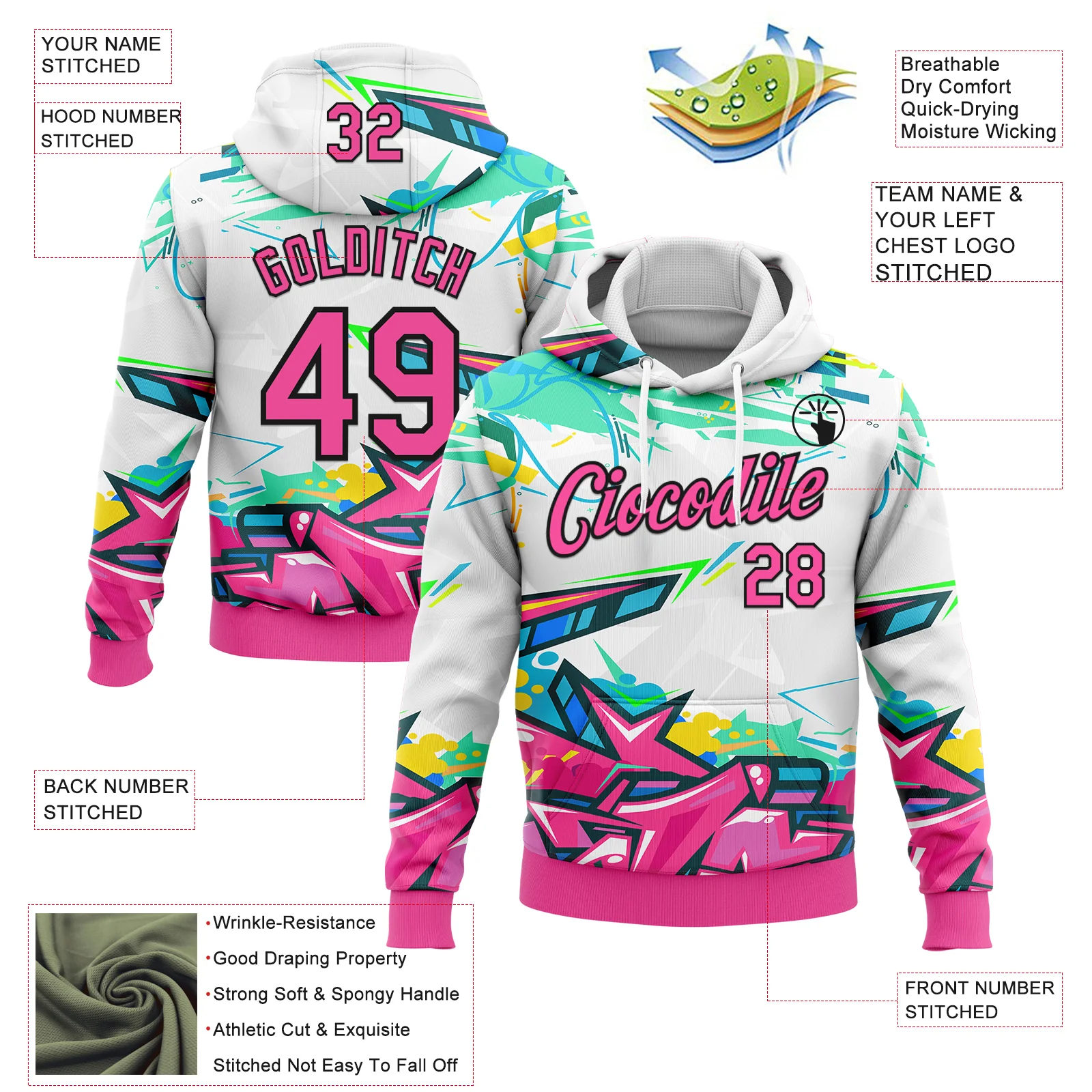 Custom Stitched Graffiti Pattern Pink-Black 3D Abstract Splashes Sports Pullover Sweatshirt Hoodie - Image 2
