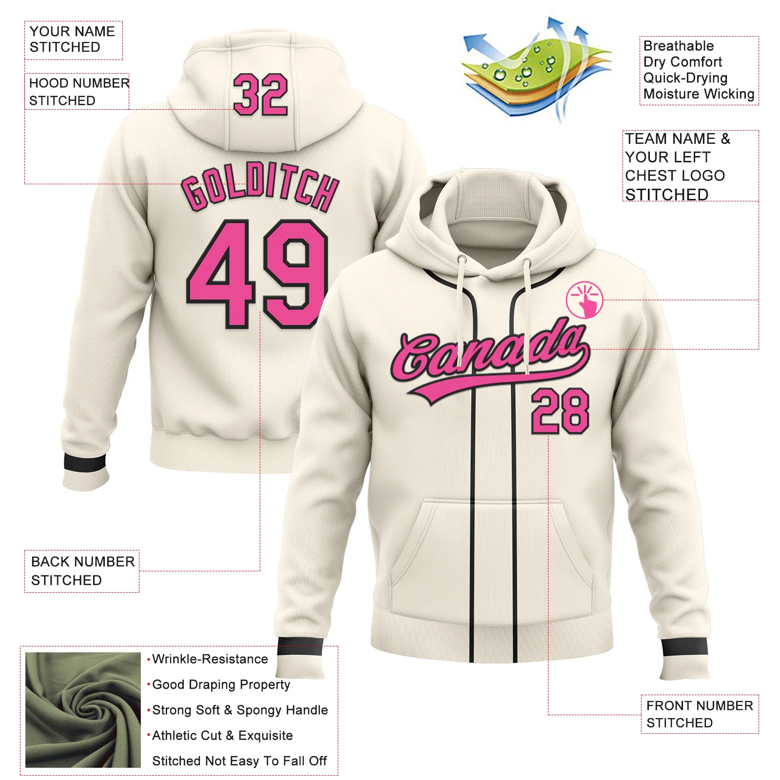 Custom Stitched Cream Pink-Black Baseball Pullover Sweatshirt Hoodie - Image 2