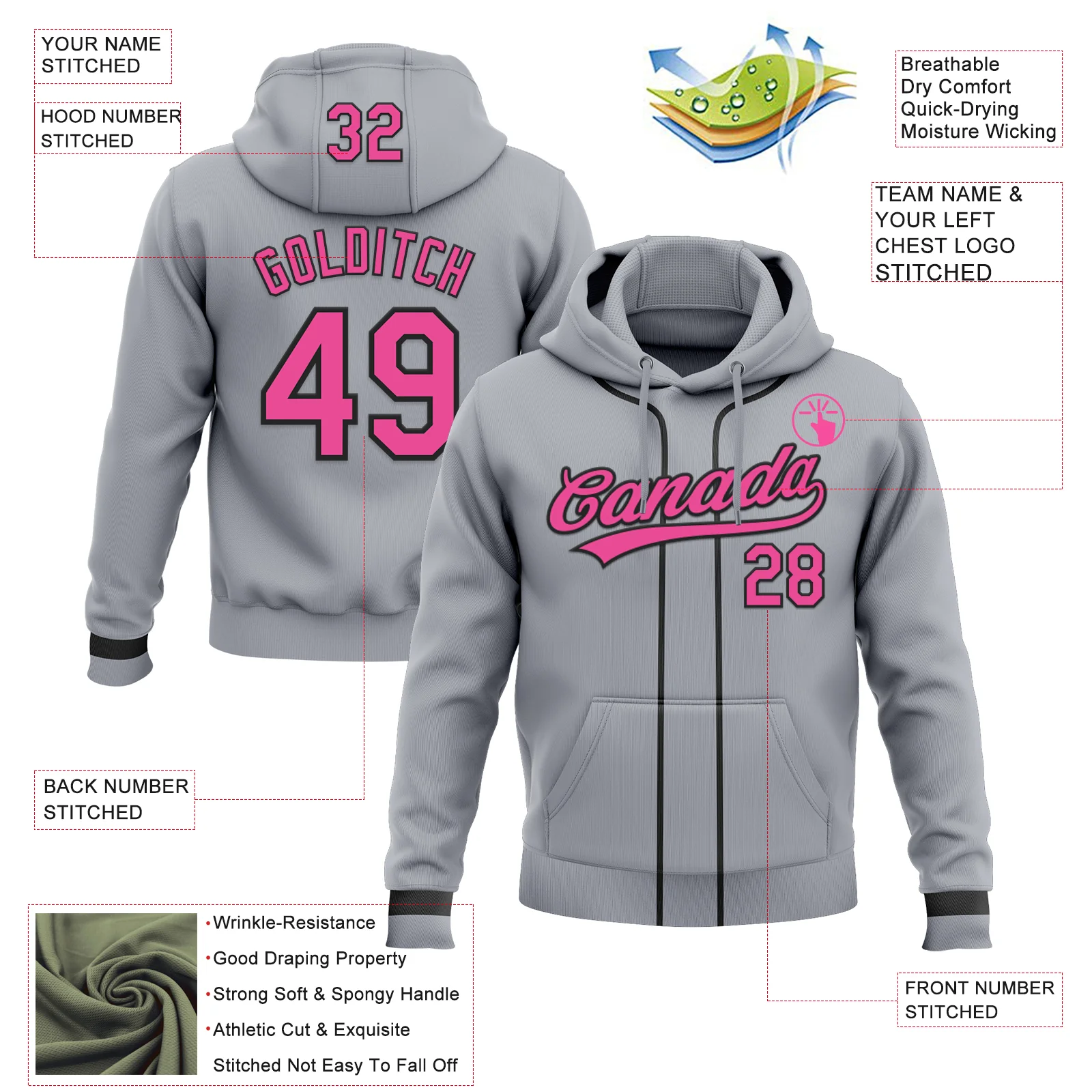 Custom Stitched Gray Pink-Black Baseball Pullover Sweatshirt Hoodie - Image 2