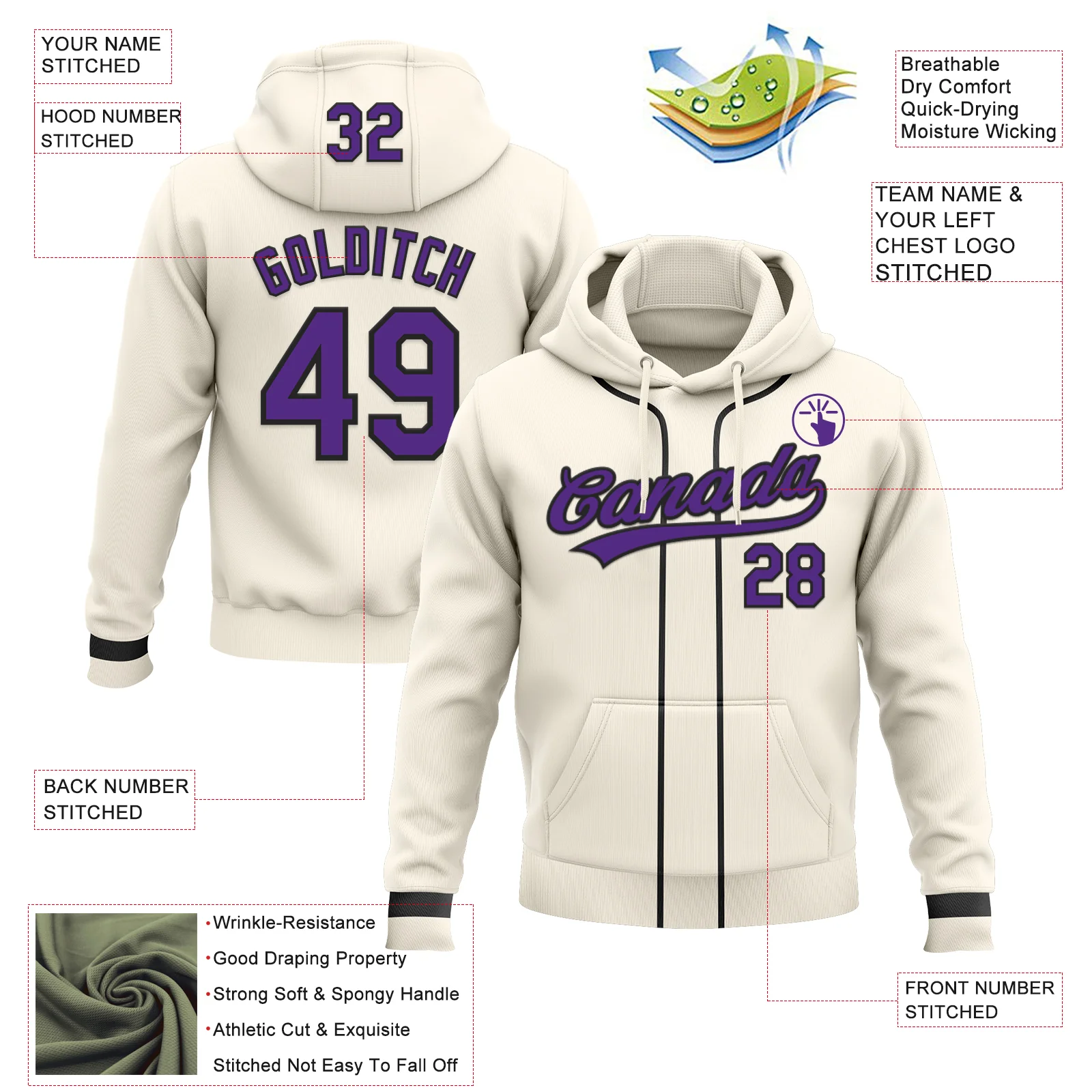 Custom Stitched Cream Purple-Black Baseball Pullover Sweatshirt Hoodie - Image 2