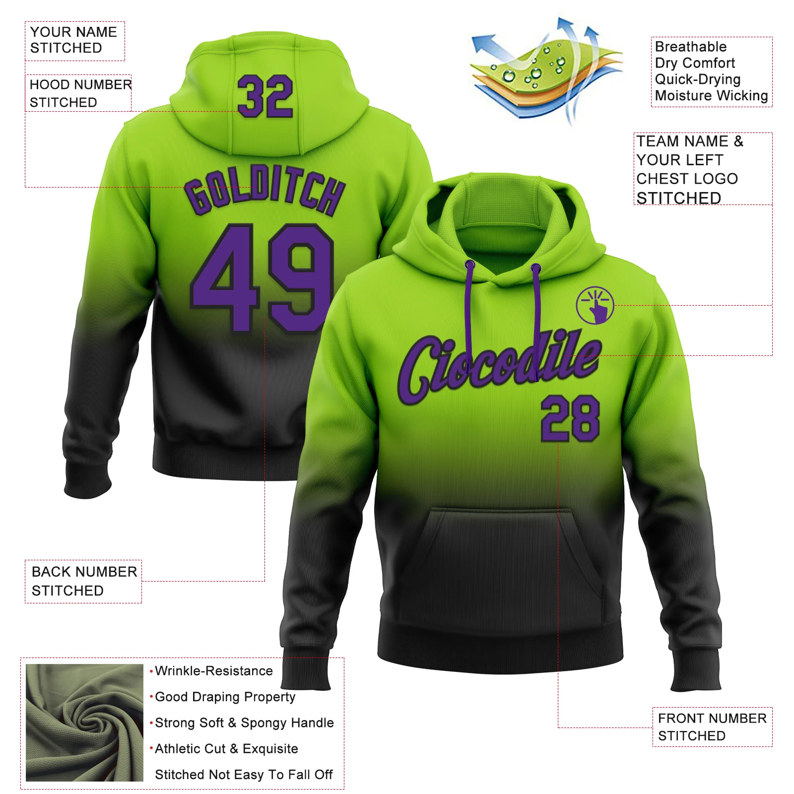 Custom Stitched Neon Green Purple-Black Fade Fashion Sports Pullover Sweatshirt Hoodie - Image 2