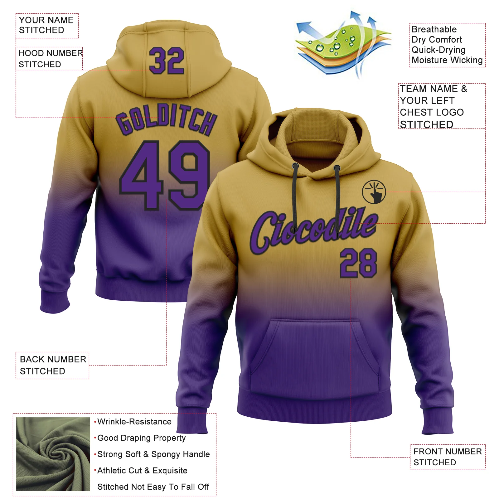 Custom Stitched Old Gold Purple-Black Fade Fashion Sports Pullover Sweatshirt Hoodie - Image 2