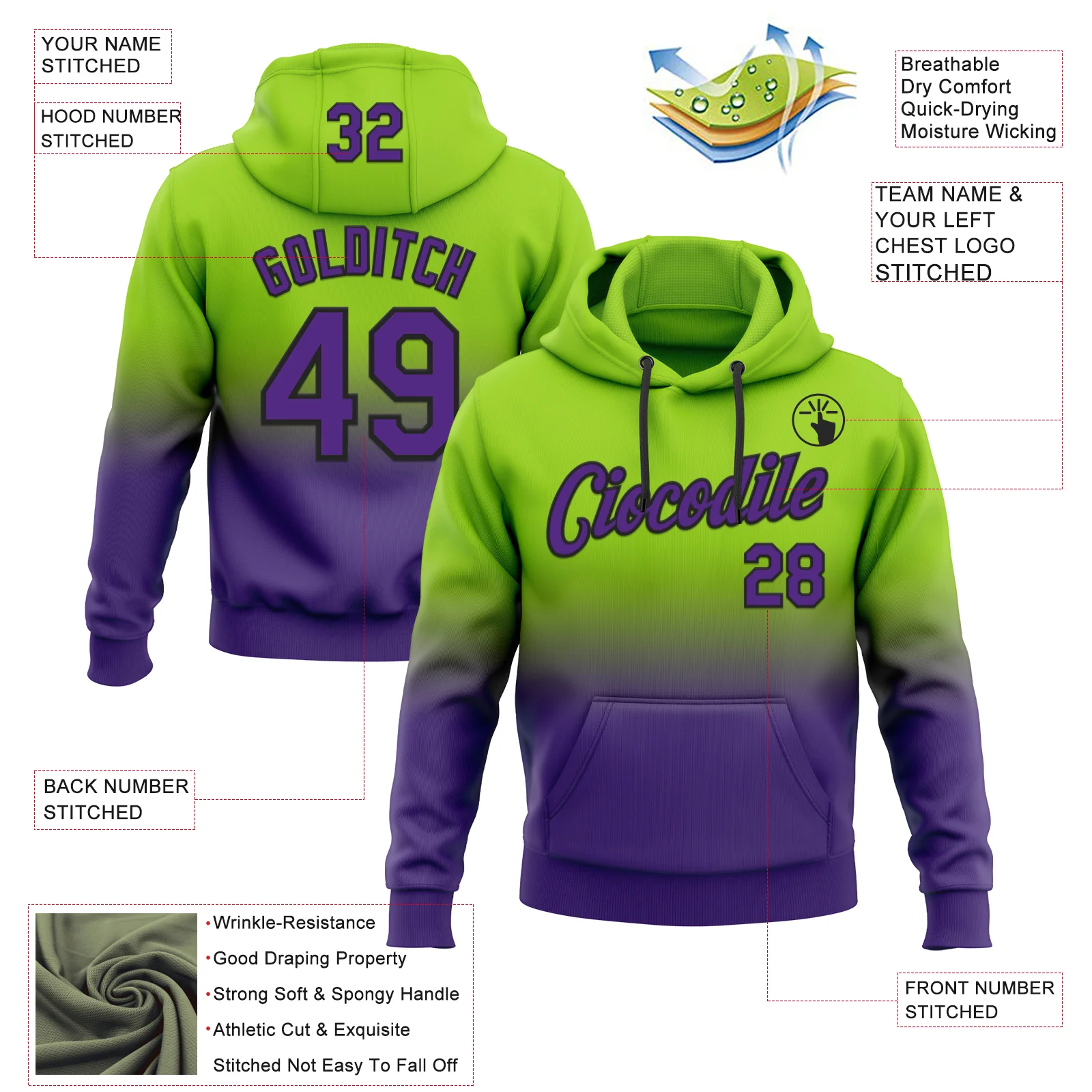 Custom Stitched Neon Green Purple-Black Fade Fashion Sports Pullover Sweatshirt Hoodie - Image 2