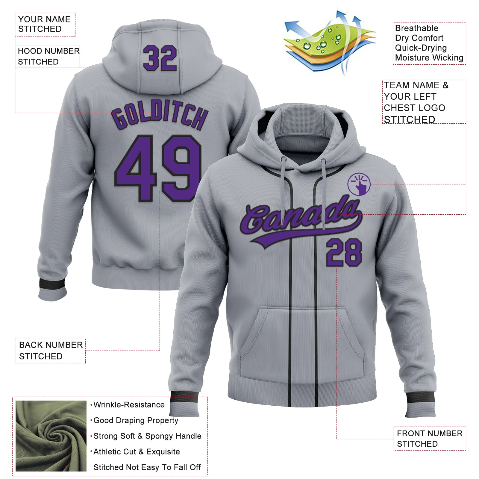 Custom Stitched Gray Purple-Black Baseball Pullover Sweatshirt Hoodie - Image 2