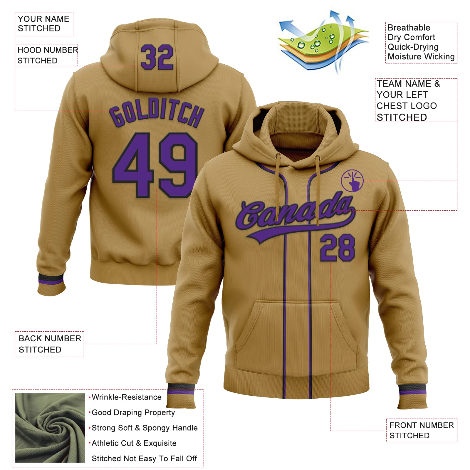 Custom Stitched Old Gold Purple-Black Baseball Pullover Sweatshirt Hoodie - Image 2
