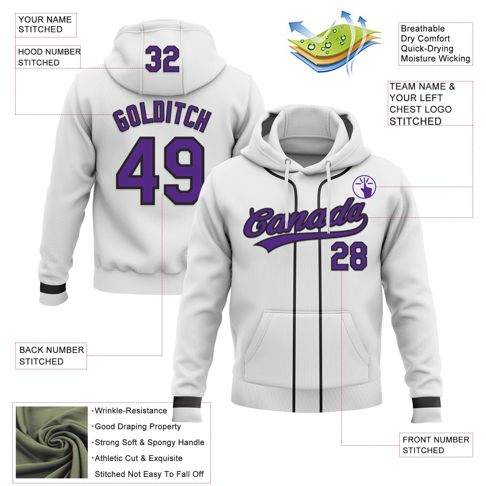 Custom Stitched White Purple-Black Baseball Pullover Sweatshirt Hoodie - Image 2