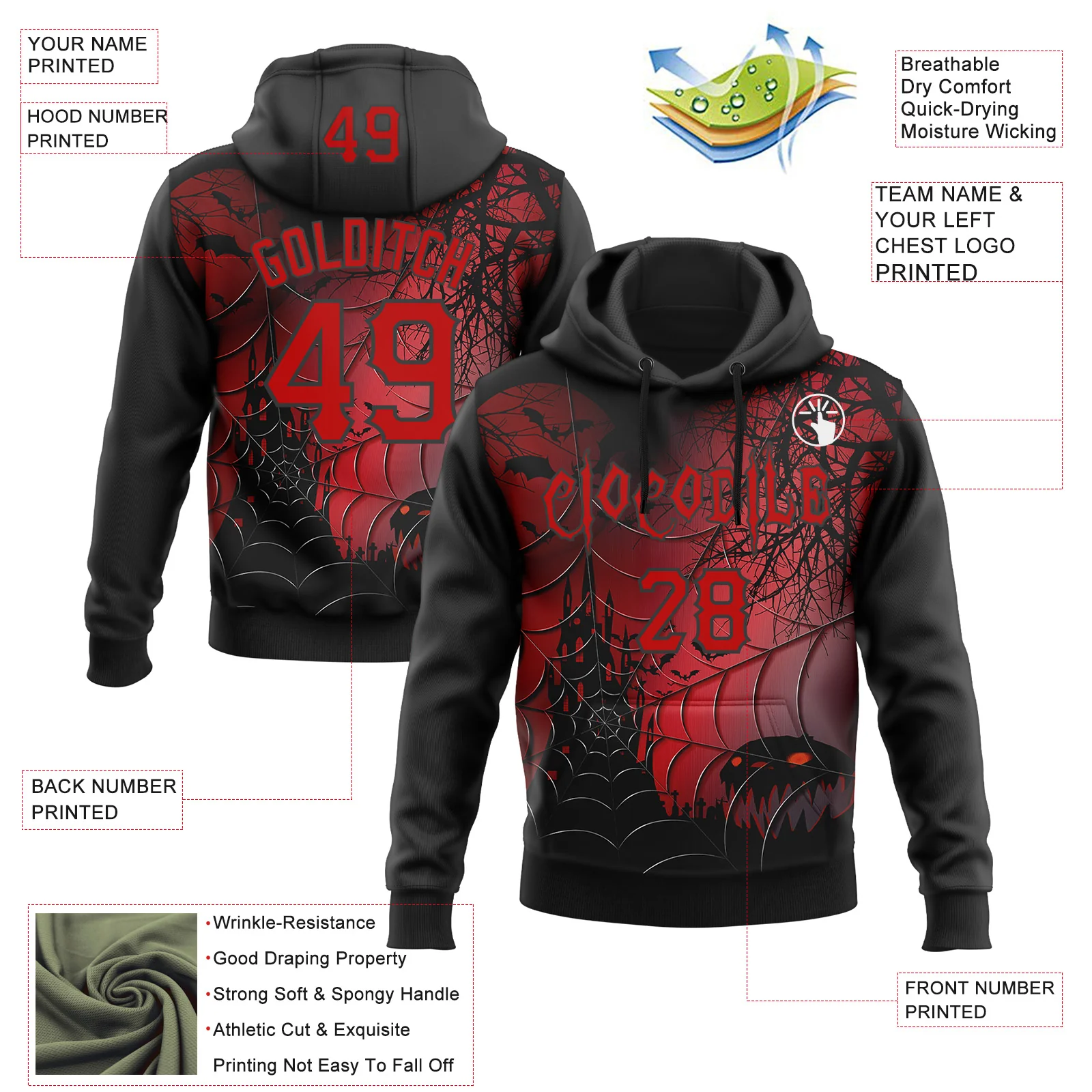 Custom Black Red 3D Halloween Spider Net Spooky Party Costume Ideas Sports Pullover Sweatshirt Hoodie - Image 2